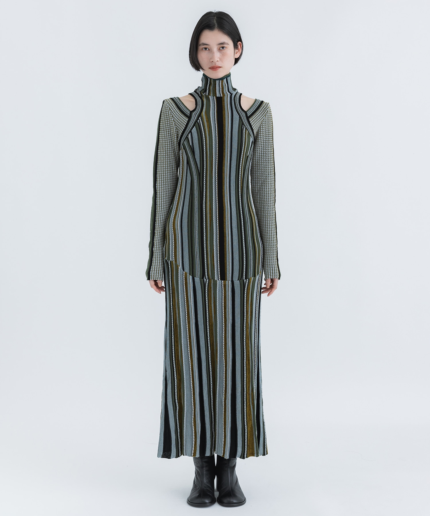 Stripe Jacquard High Neck Knitted Dress(1 KHAKI): Mame Kurogouchi