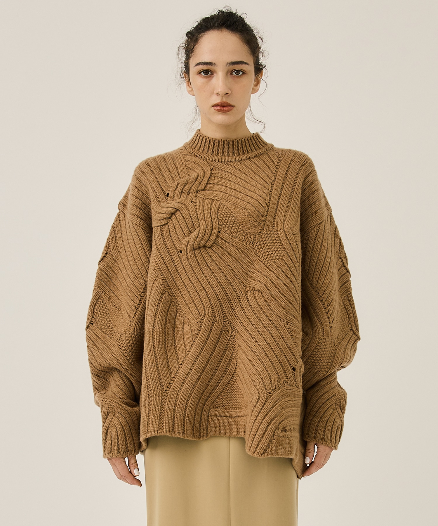 Basket Motif Cable Stitch Knitted Pullover(2 BROWN): Mame