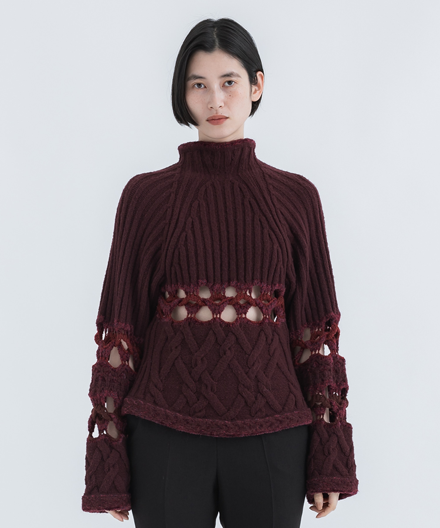 Basket Pattern Combination Knitted Pullover(2 WINE): Mame