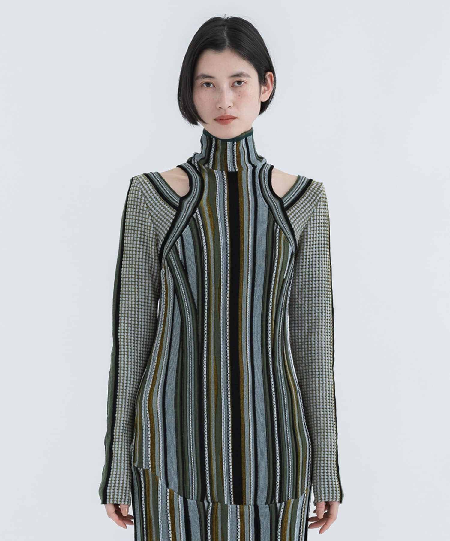 Stripe Jacquard High Neck Knitted Top(1 KHAKI): Mame Kurogouchi ...
