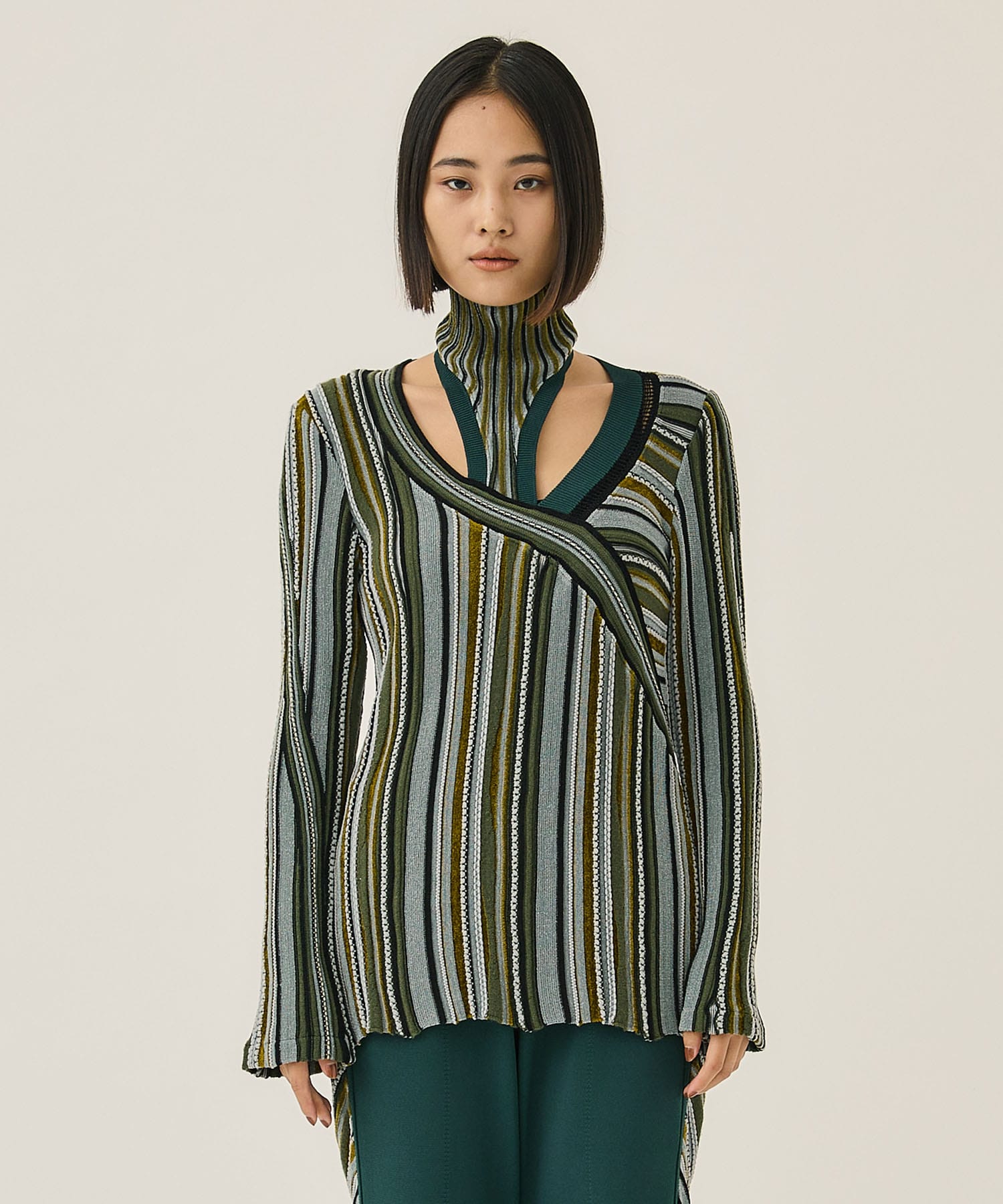 Stripe Jacquard High Neck Knitted Top(1 KHAKI): Mame Kurogouchi