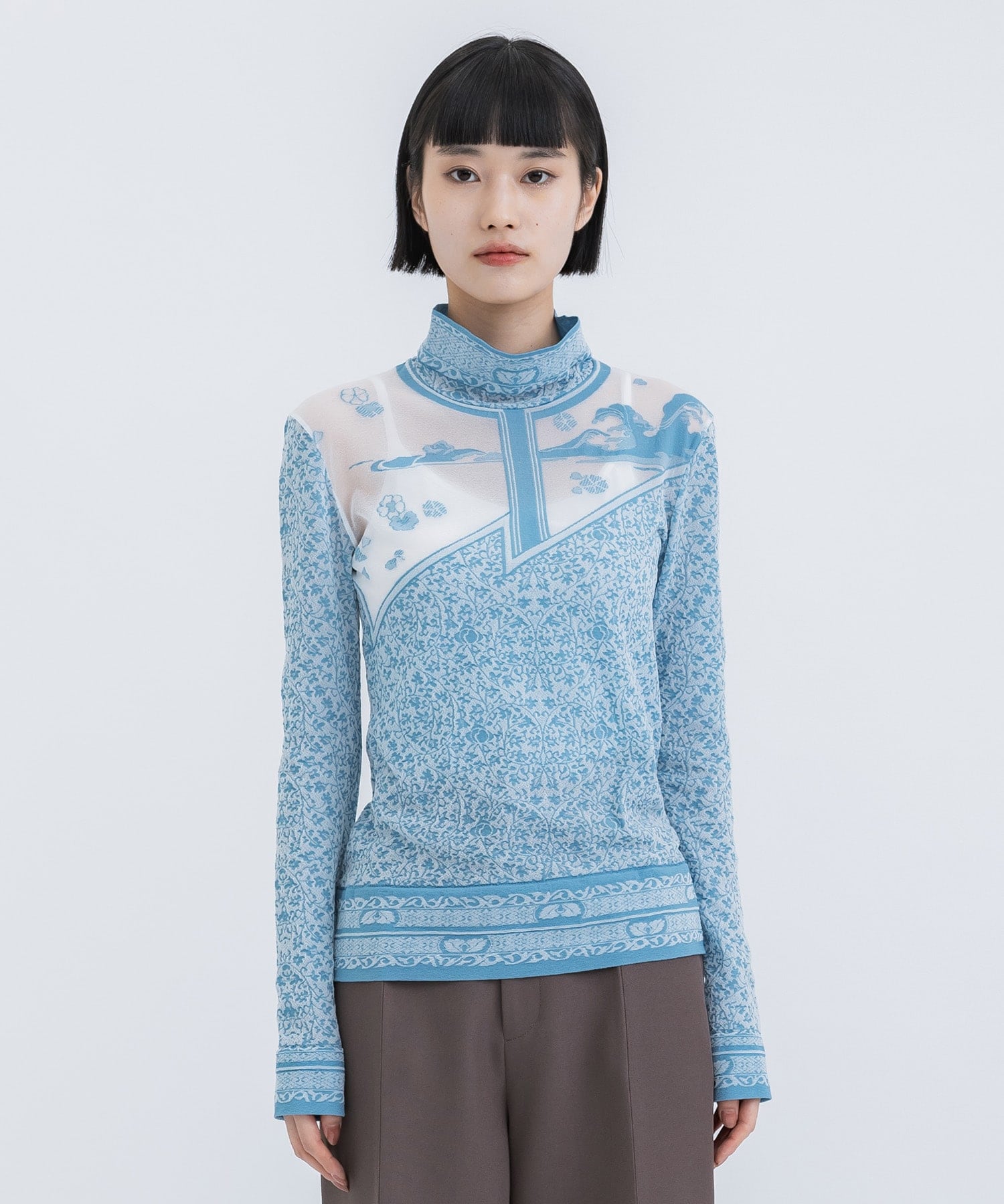Landscape Graphic Sheer Knitted High Neck Top Mame Kurogouchi