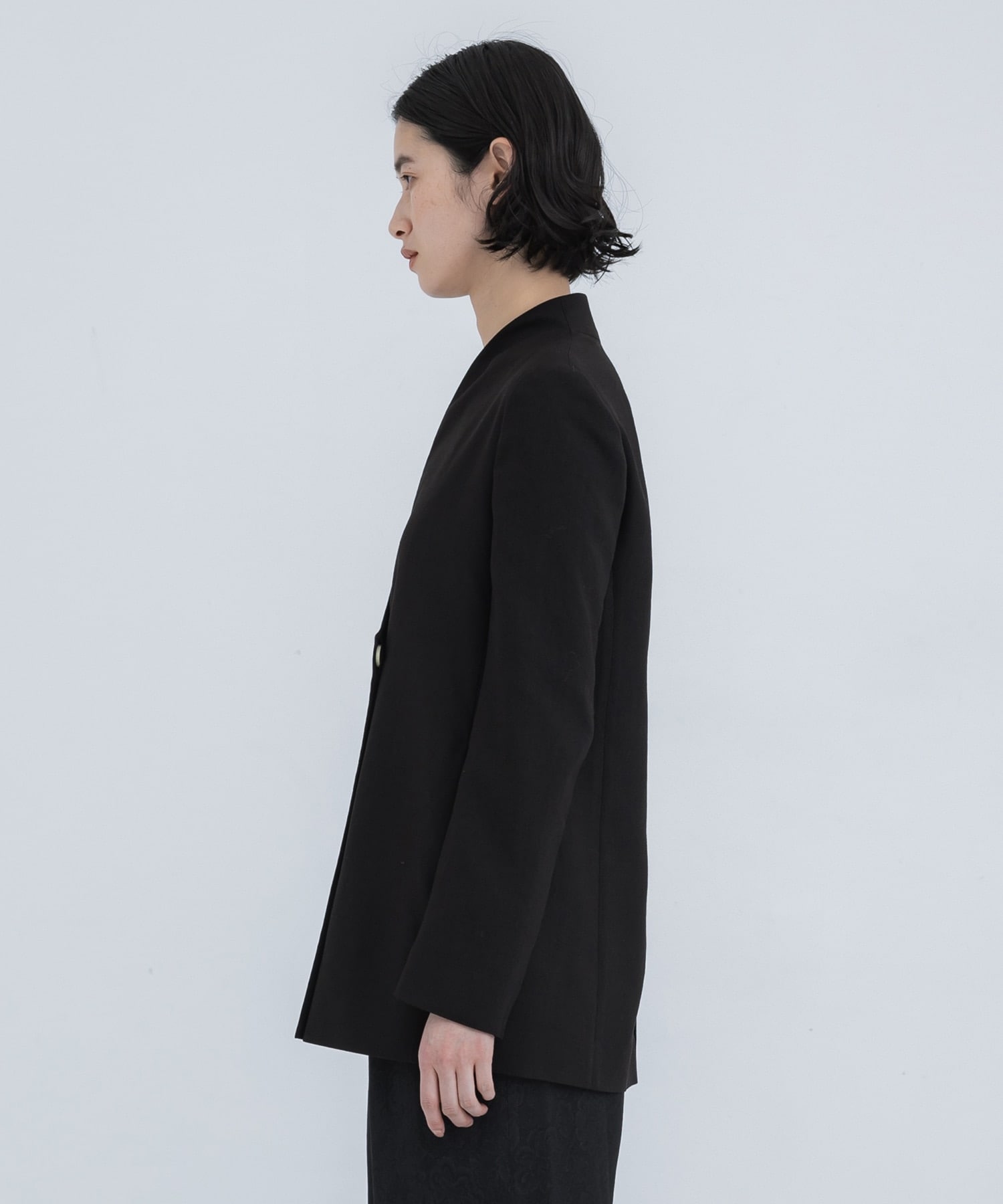 Linen Touch Triacetate Collarless Double Breasted Jacket Mame Kurogouchi