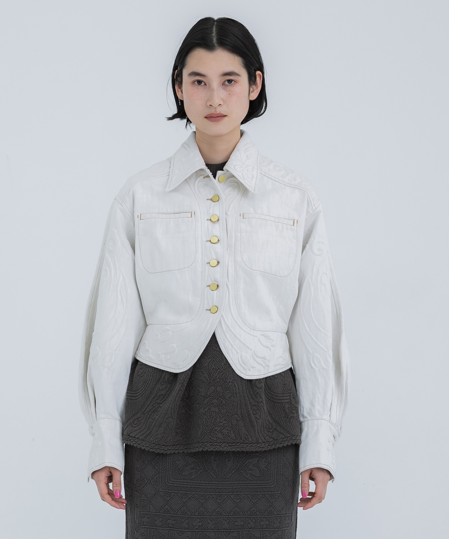 Floral Embossed Short Denim Jacket Mame Kurogouchi