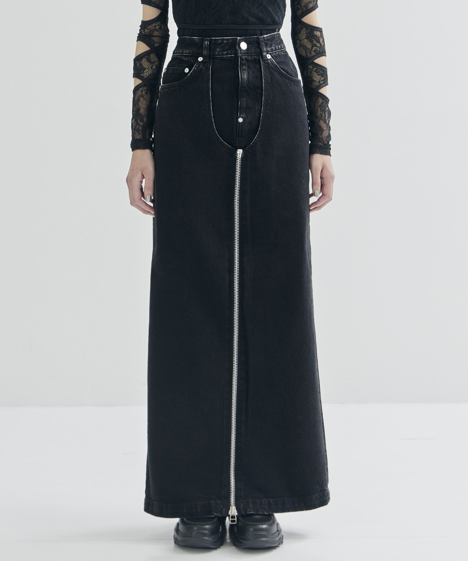 WASHED DENIM ZIPPED LONG SKIRT JOHN LAWRENCE SULLIVAN