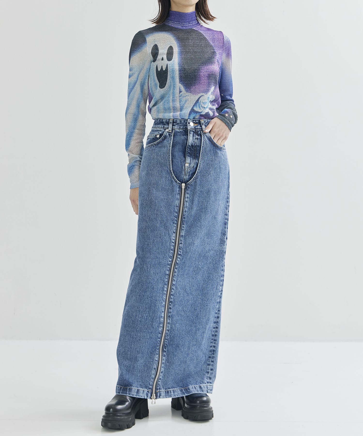 WASHED DENIM ZIPPED LONG SKIRT JOHN LAWRENCE SULLIVAN