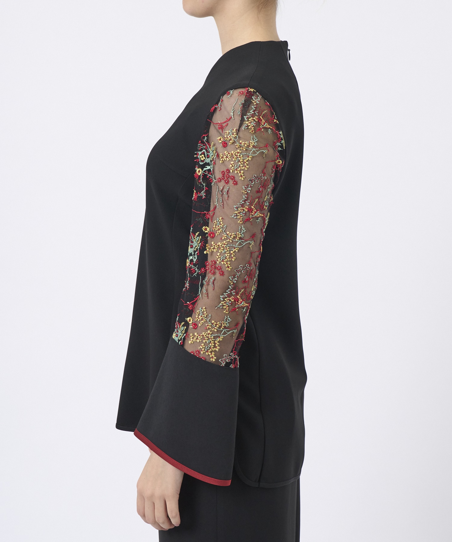 Acetate Polyester Floral Lace-Sleeve Shirt Mame Kurogouchi