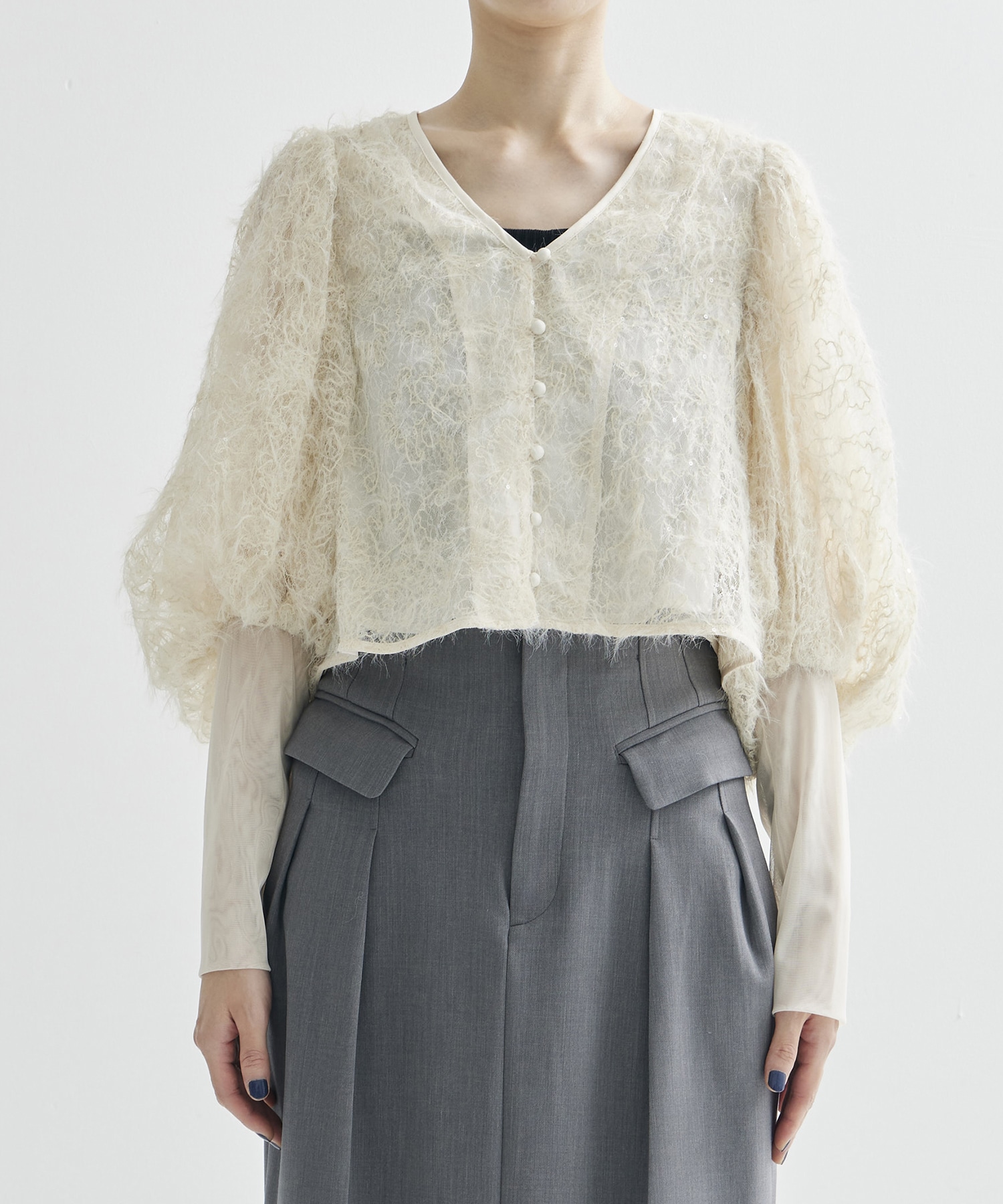 BRUSHED LACE VOLUME SLEEVE BLOUSE AMERI