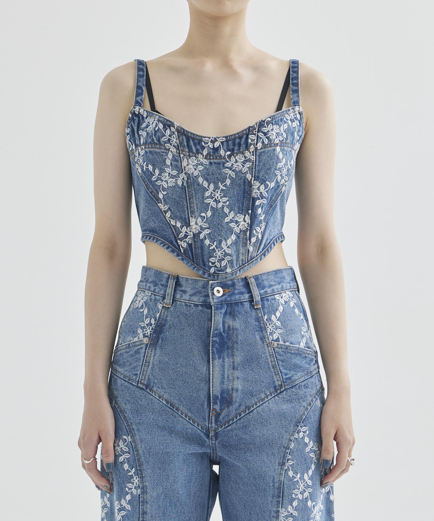 FLOWER EMBROIDERED DENIM BUSTIER FETICO