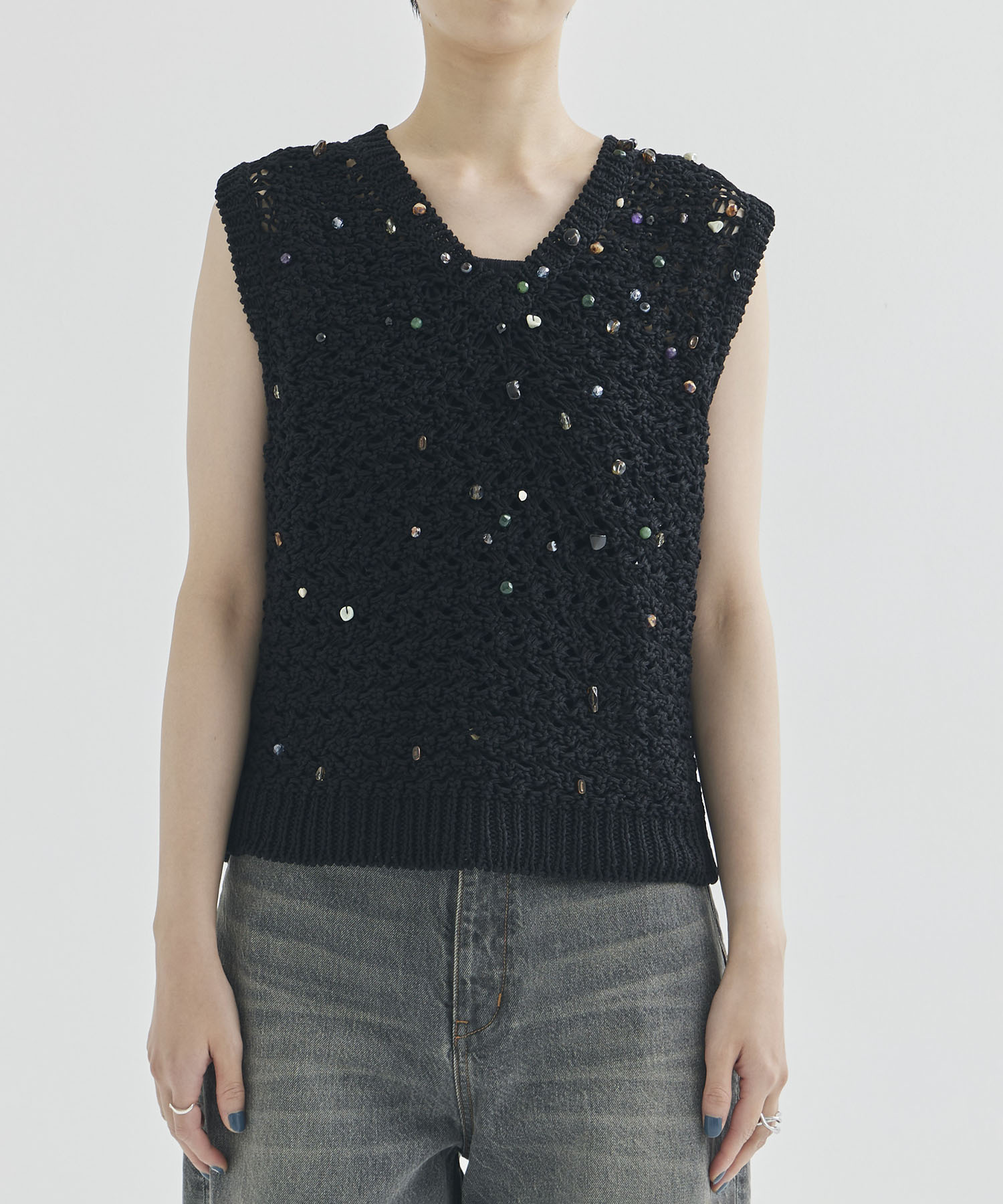 Gerda glass beads&ores knit PO BK AKIRANAKA