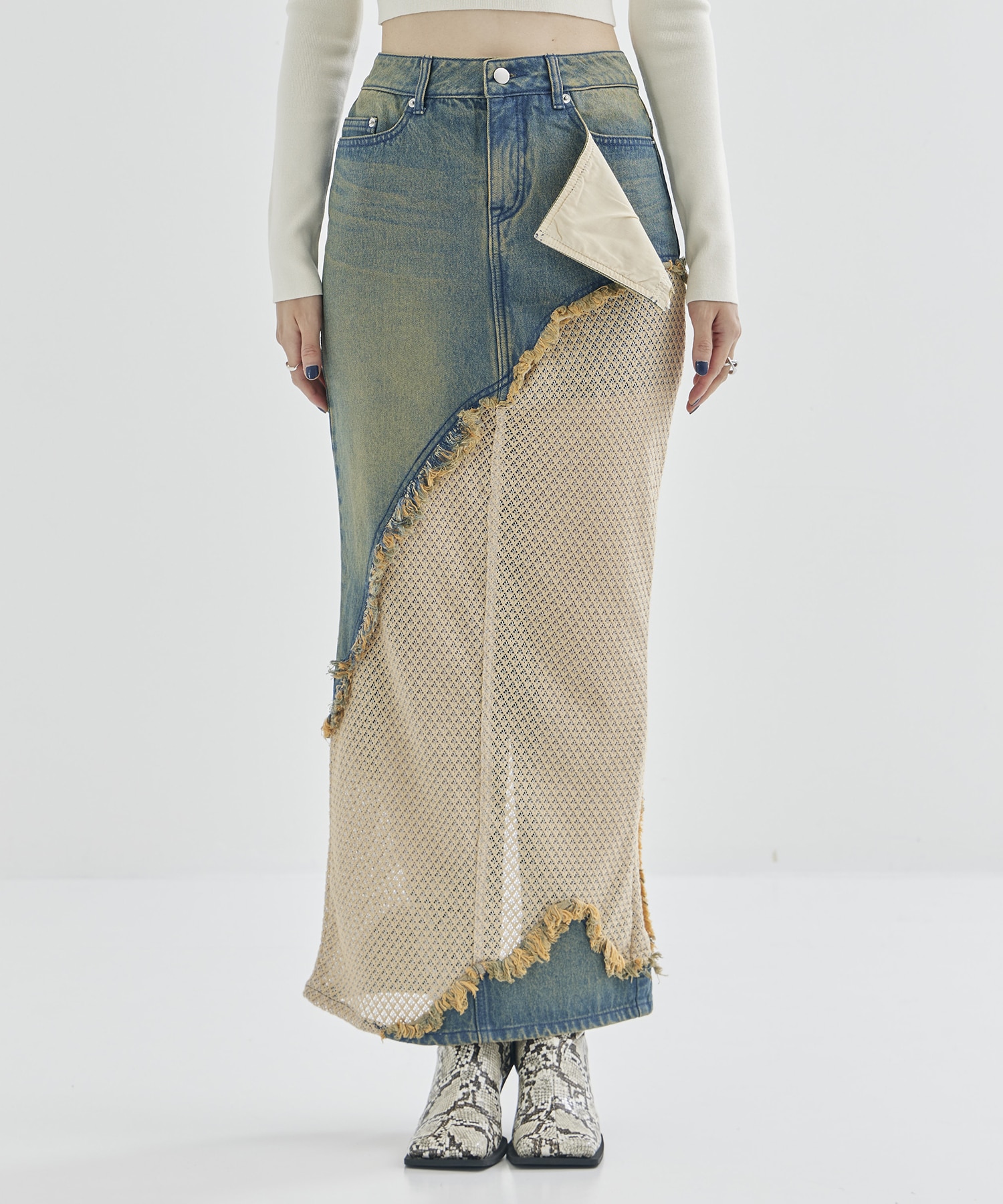 lace docking maxi denim skirt tanakadaisuke