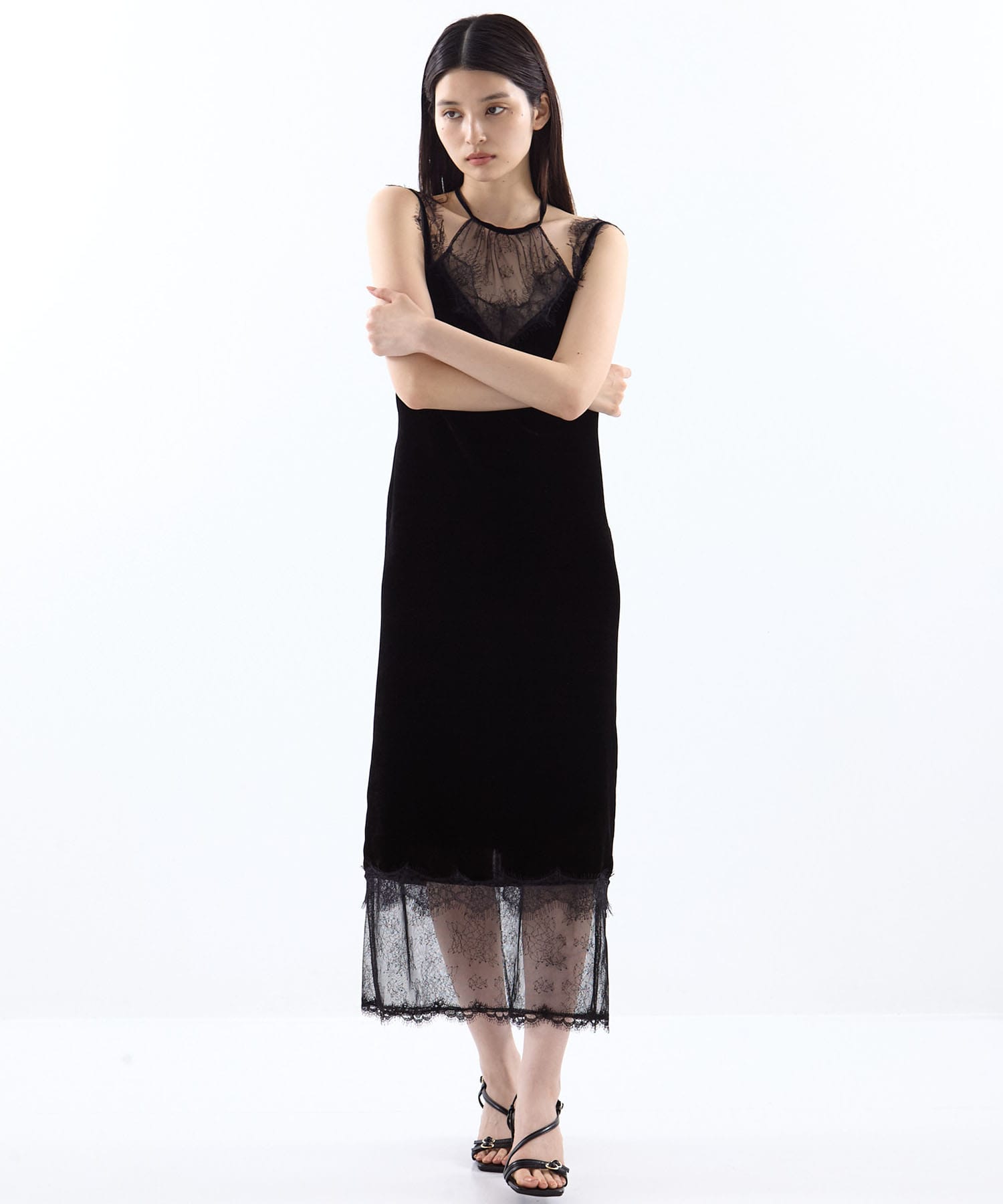 flower lace black velour camisole dress tanakadaisuke
