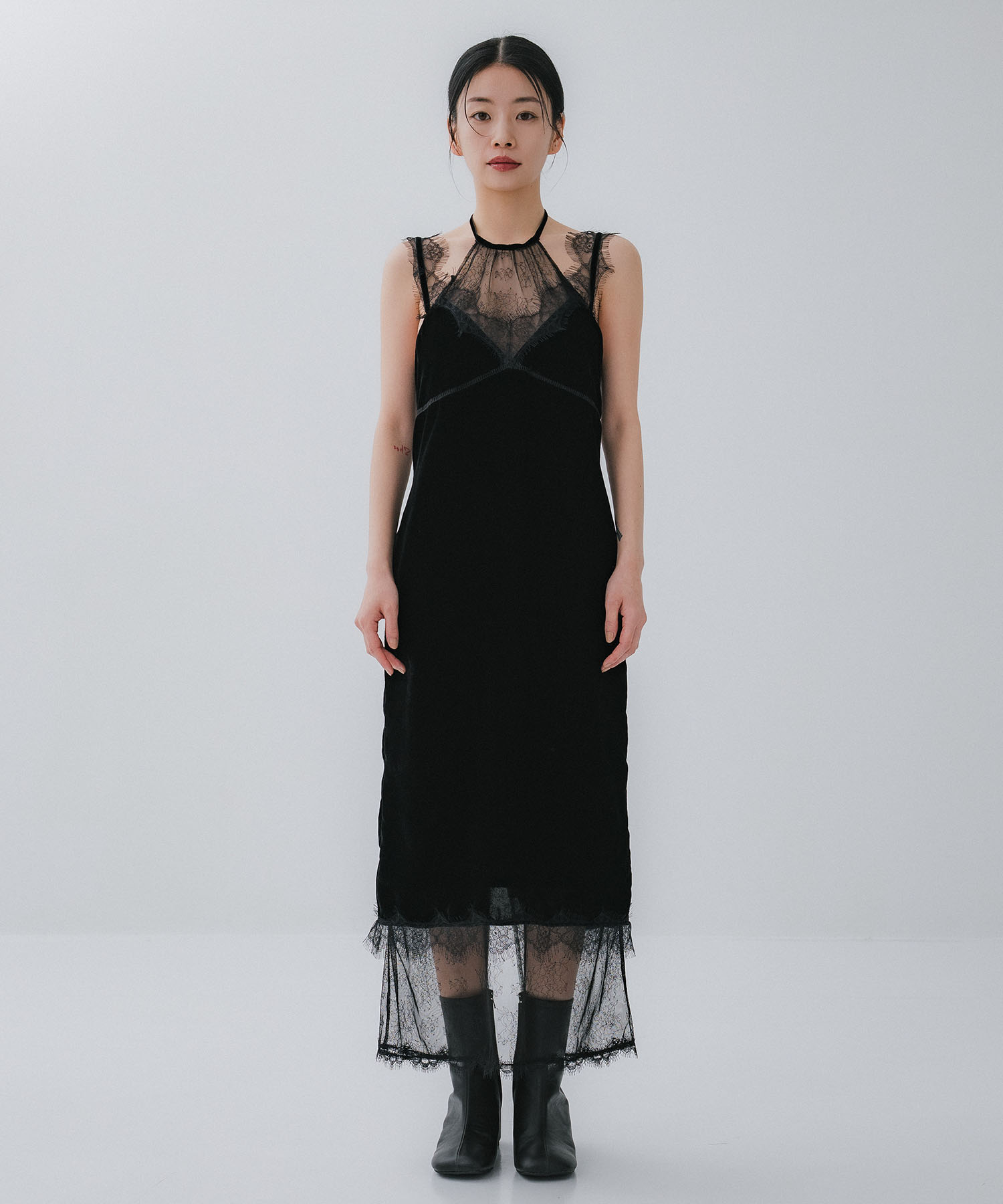 flower lace black velour camisole dress tanakadaisuke