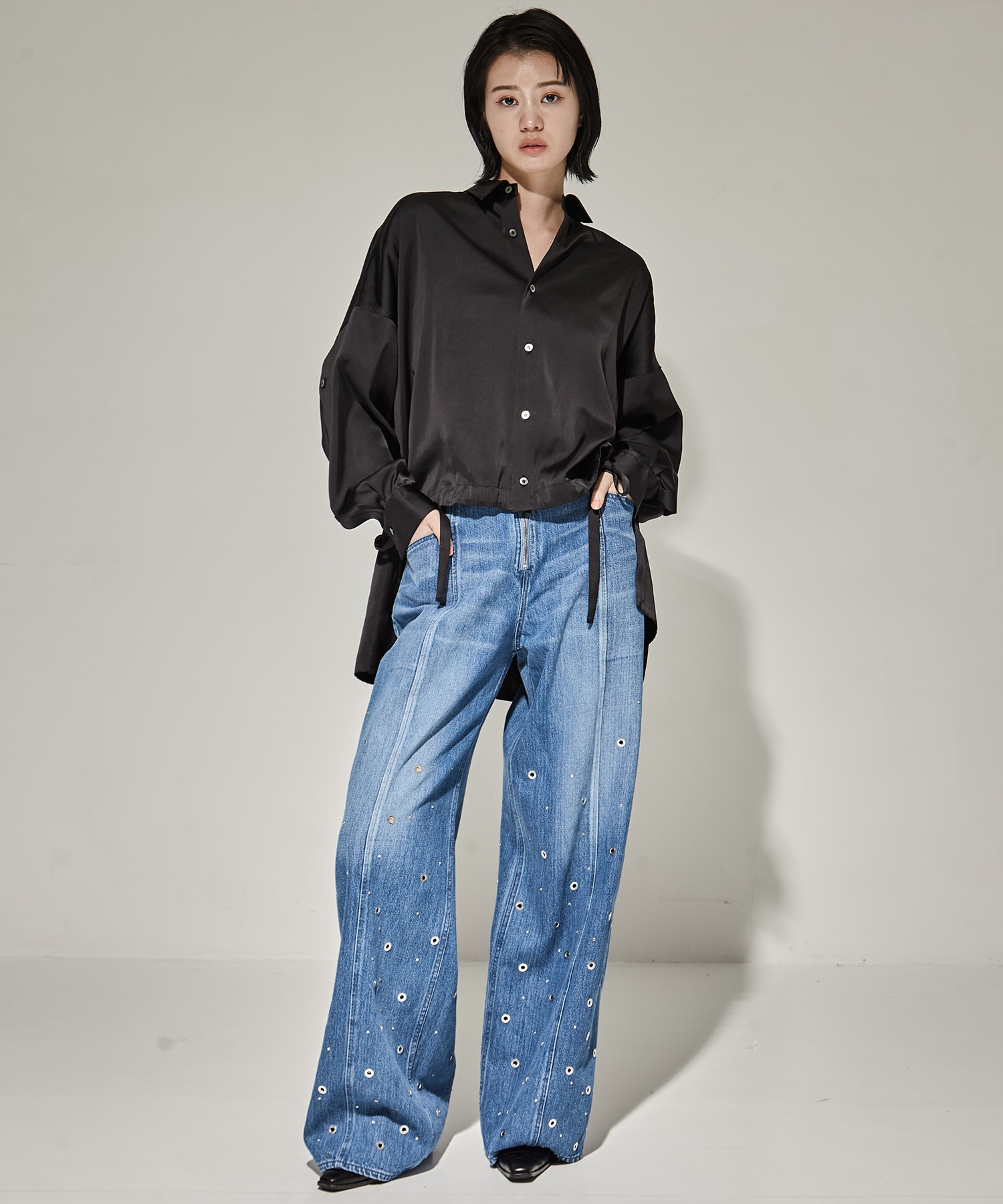 ORGANIC COTTON DENIM WIDE-LEG JEANS WITH STUDS FETICO