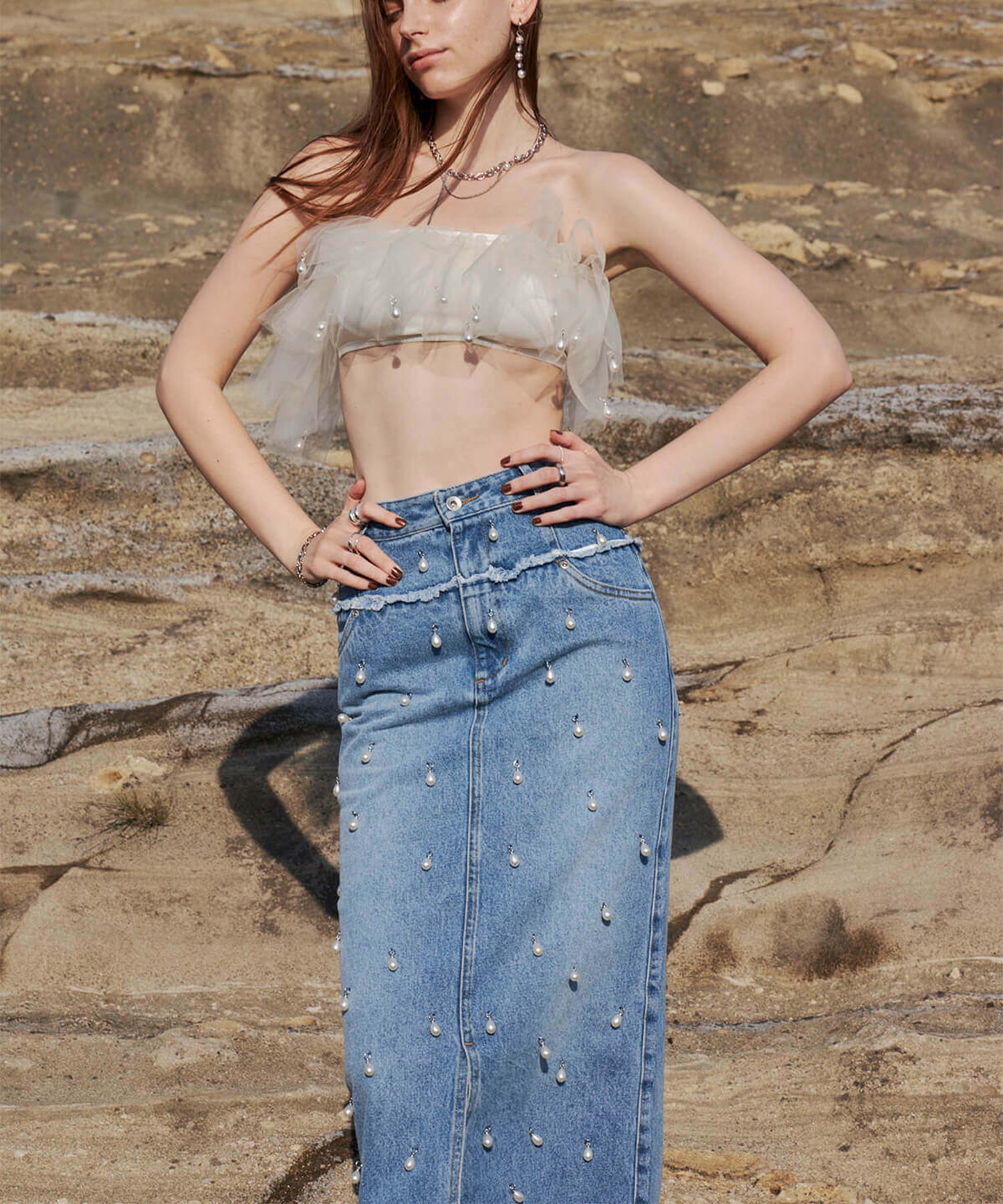 DENIM LONG SKIRT with PEARL JOSEMOON