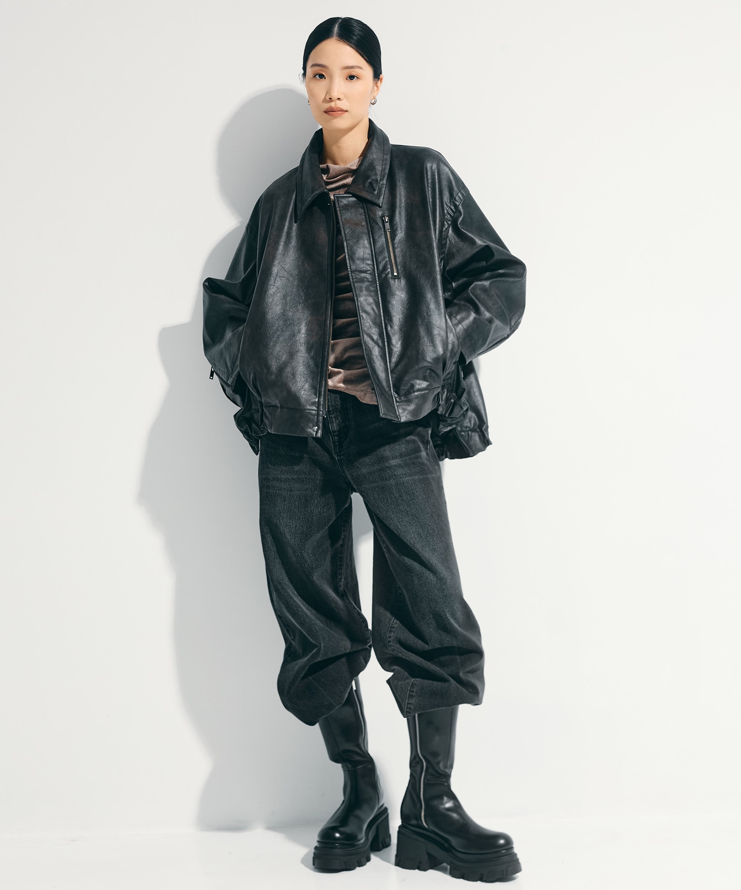 Faux Leather Stand Collar Blouson STUDIOUS