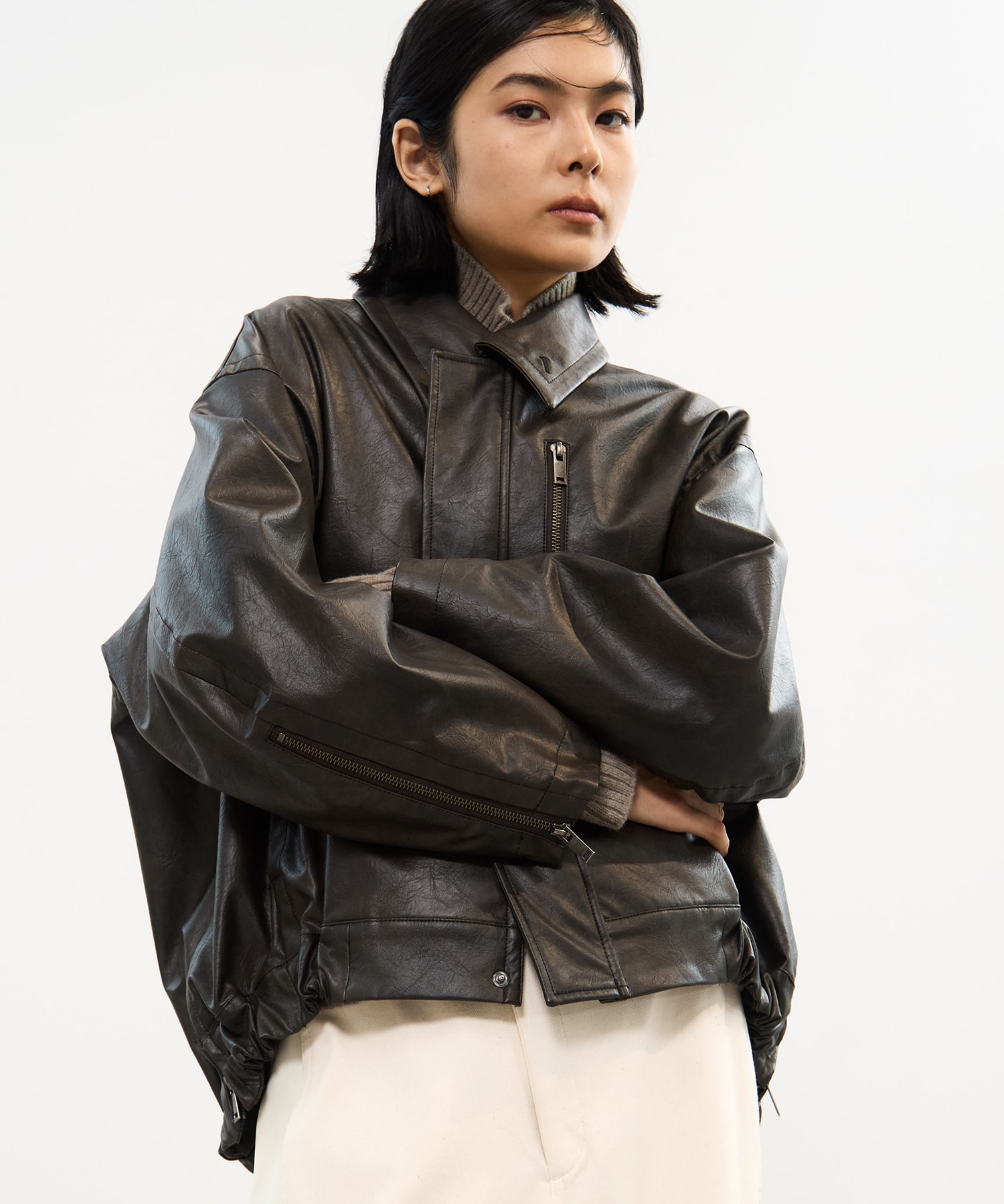 Faux Leather Stand Collar Blouson STUDIOUS