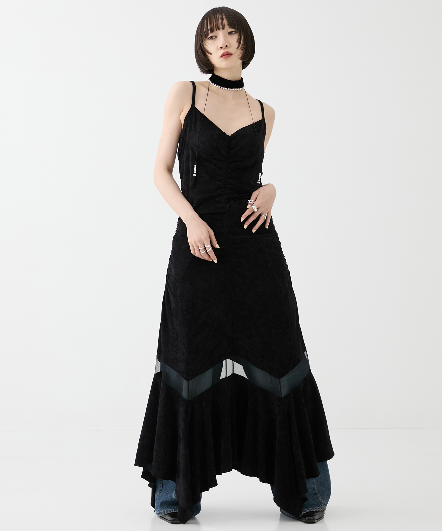 別注 VELOUR SHEER CUT HEM DRESS FETICO