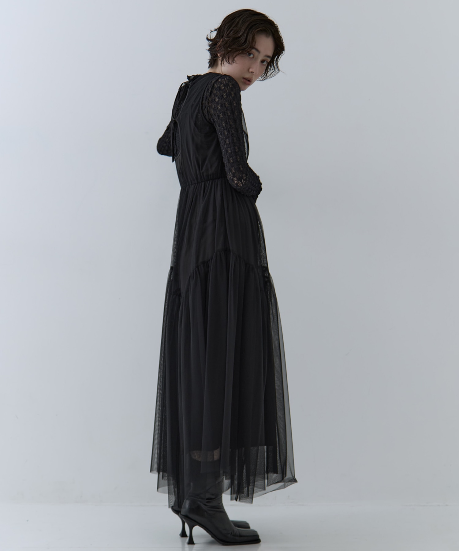BLACK TULLE WAVE TIERED DRESS AMERI