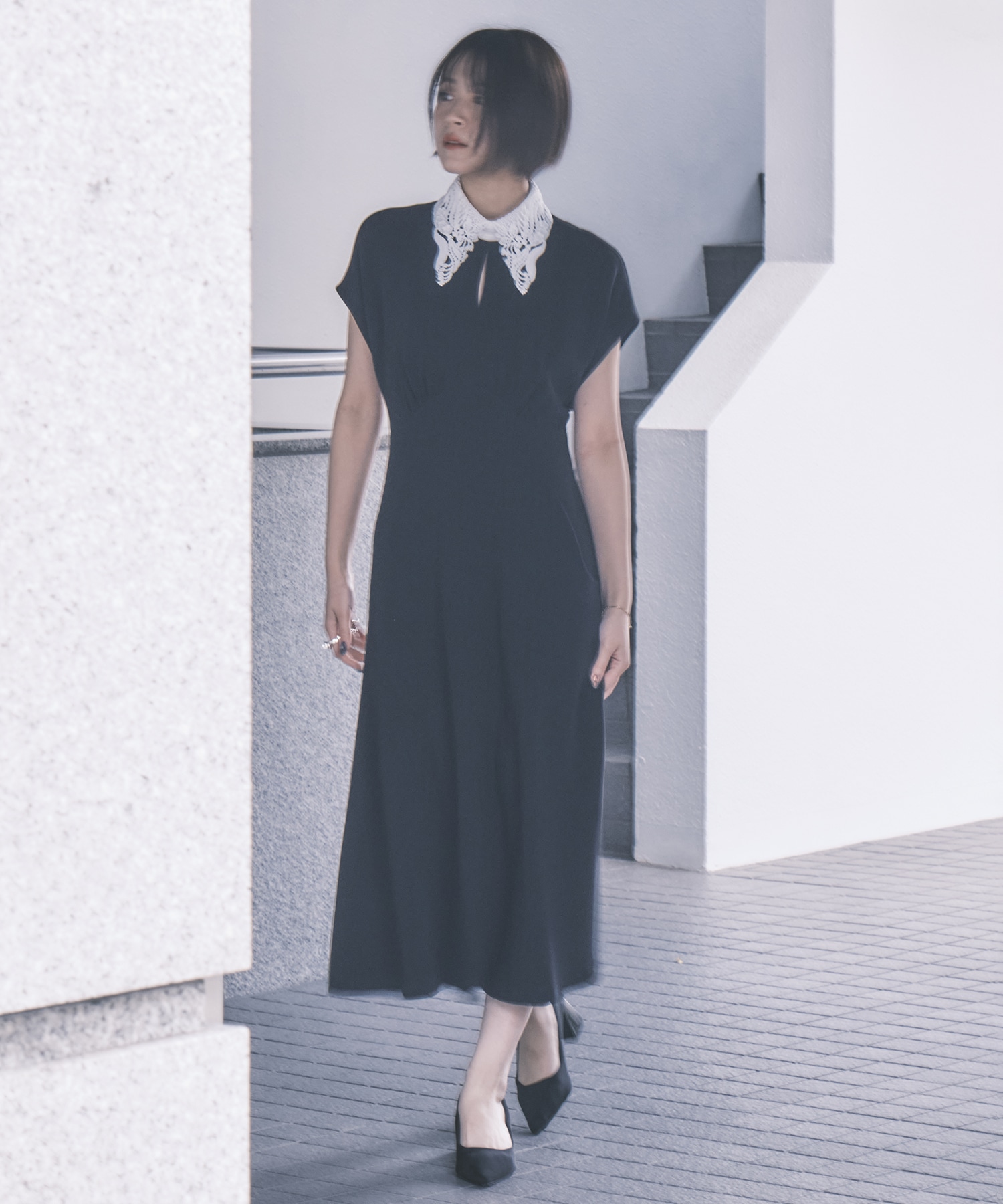 Triacetate Georgette Embroidered Collar Flared Dress Mame Kurogouchi