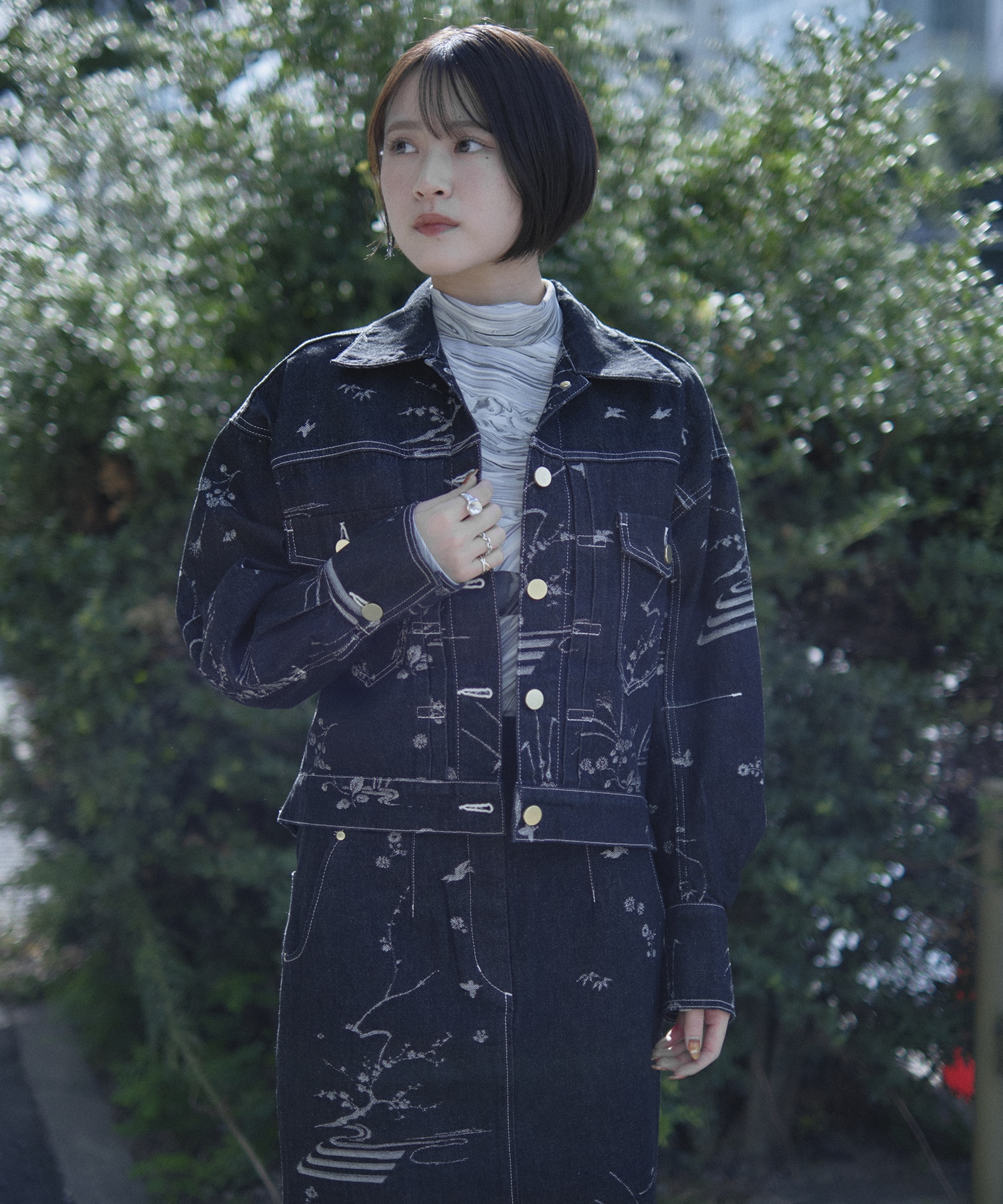 Nature Pattern Jacquard Short Denim Jacket Mame Kurogouchi