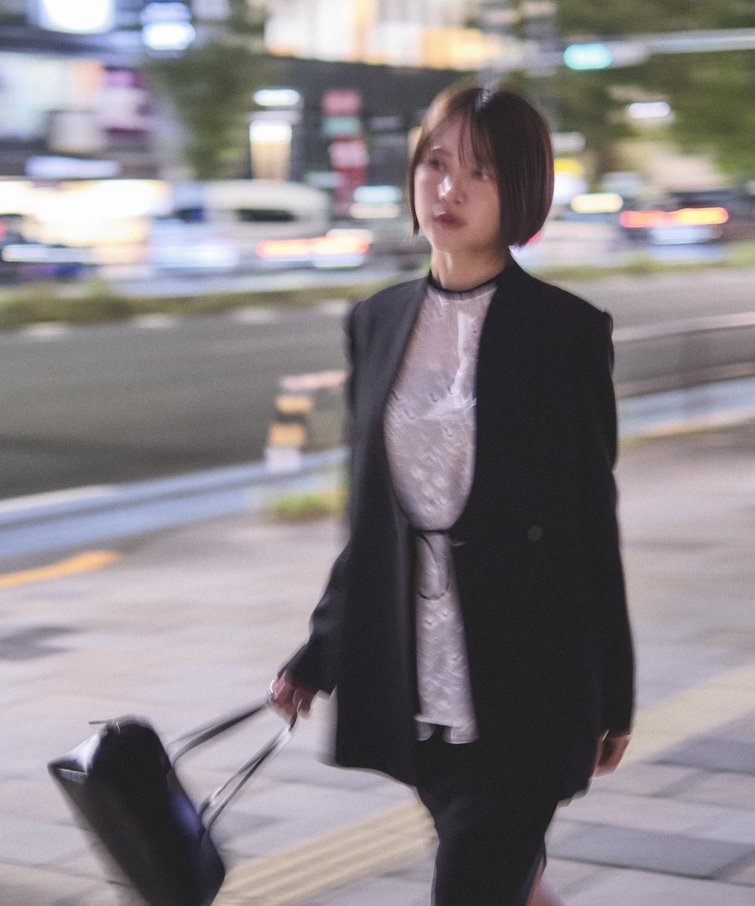 Acetate Polyester Collarless Double Breasted Suit Jacket Mame Kurogouchi