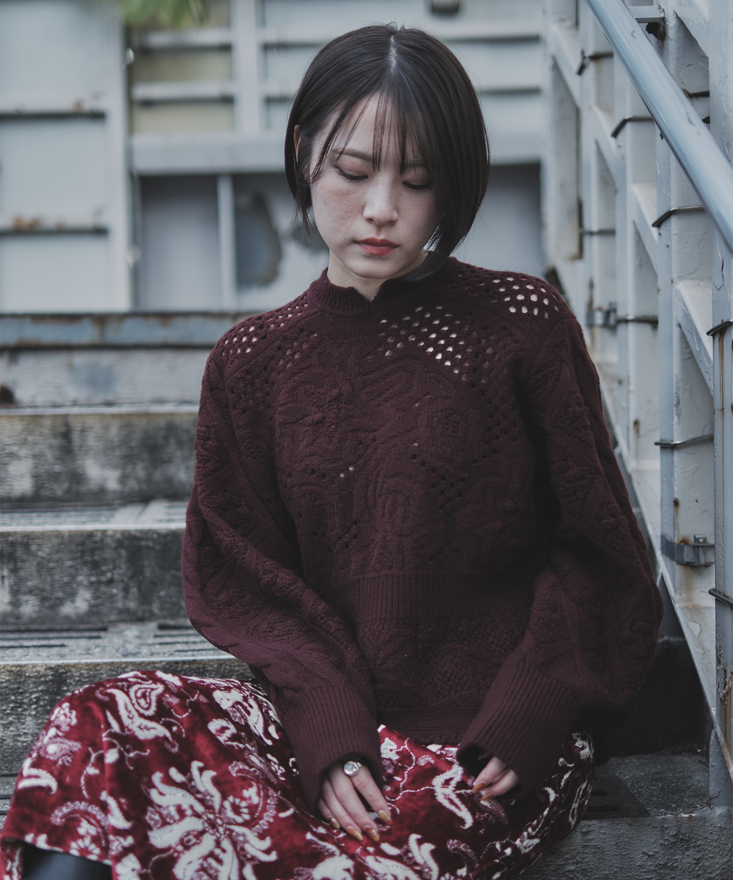 マミクマ Multi Pattern Low Gauge Knitted Top(1 WINE): Mame Kurogouchi