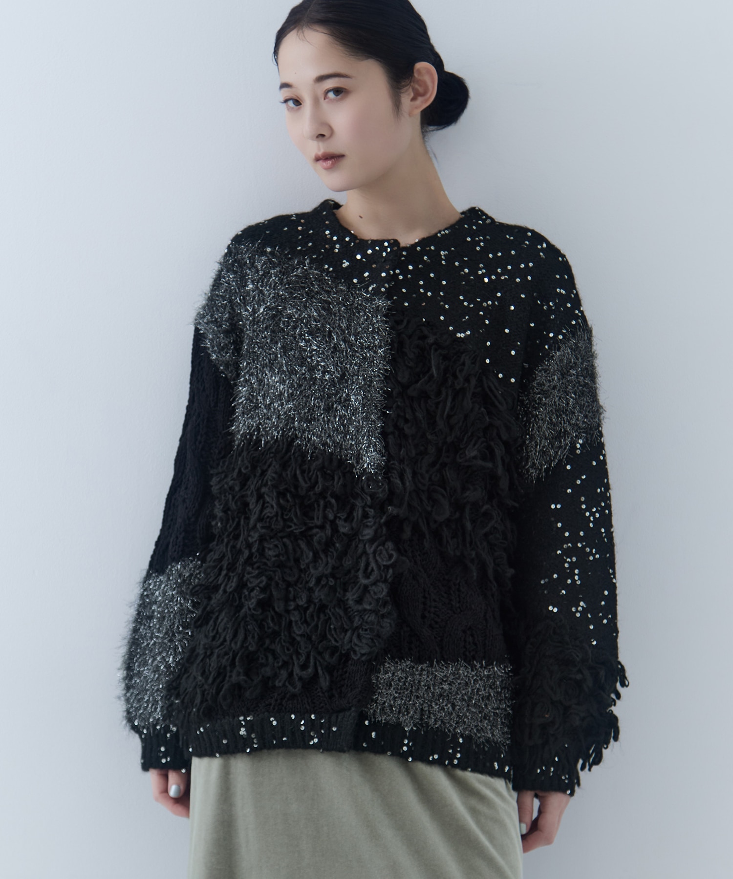 UND MIX YARN PATCHWORK KNIT CARDIGAN AMERI