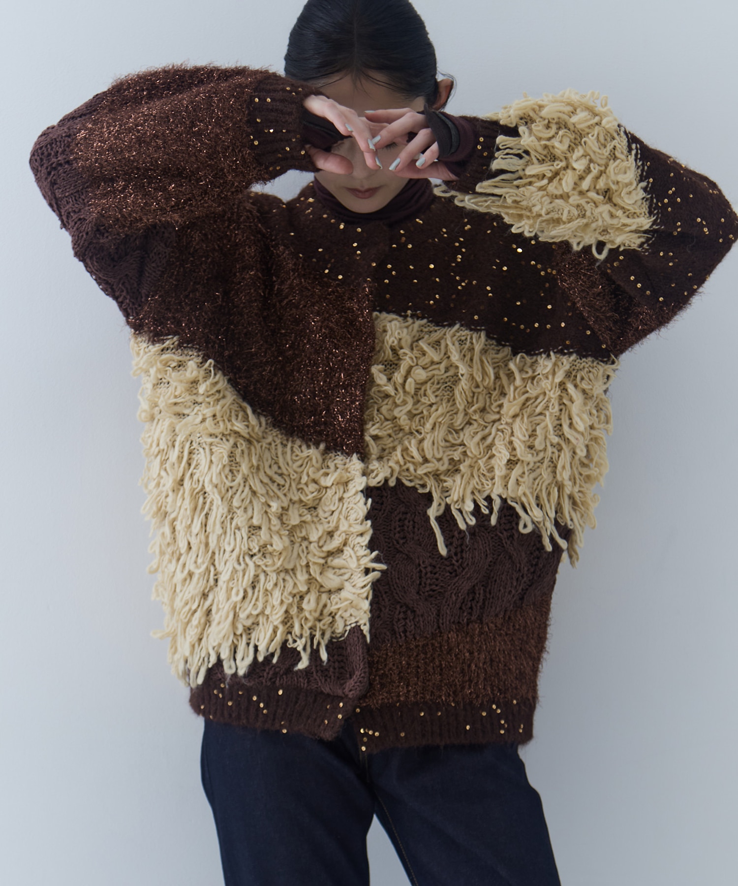 UND MIX YARN PATCHWORK KNIT CARDIGAN AMERI