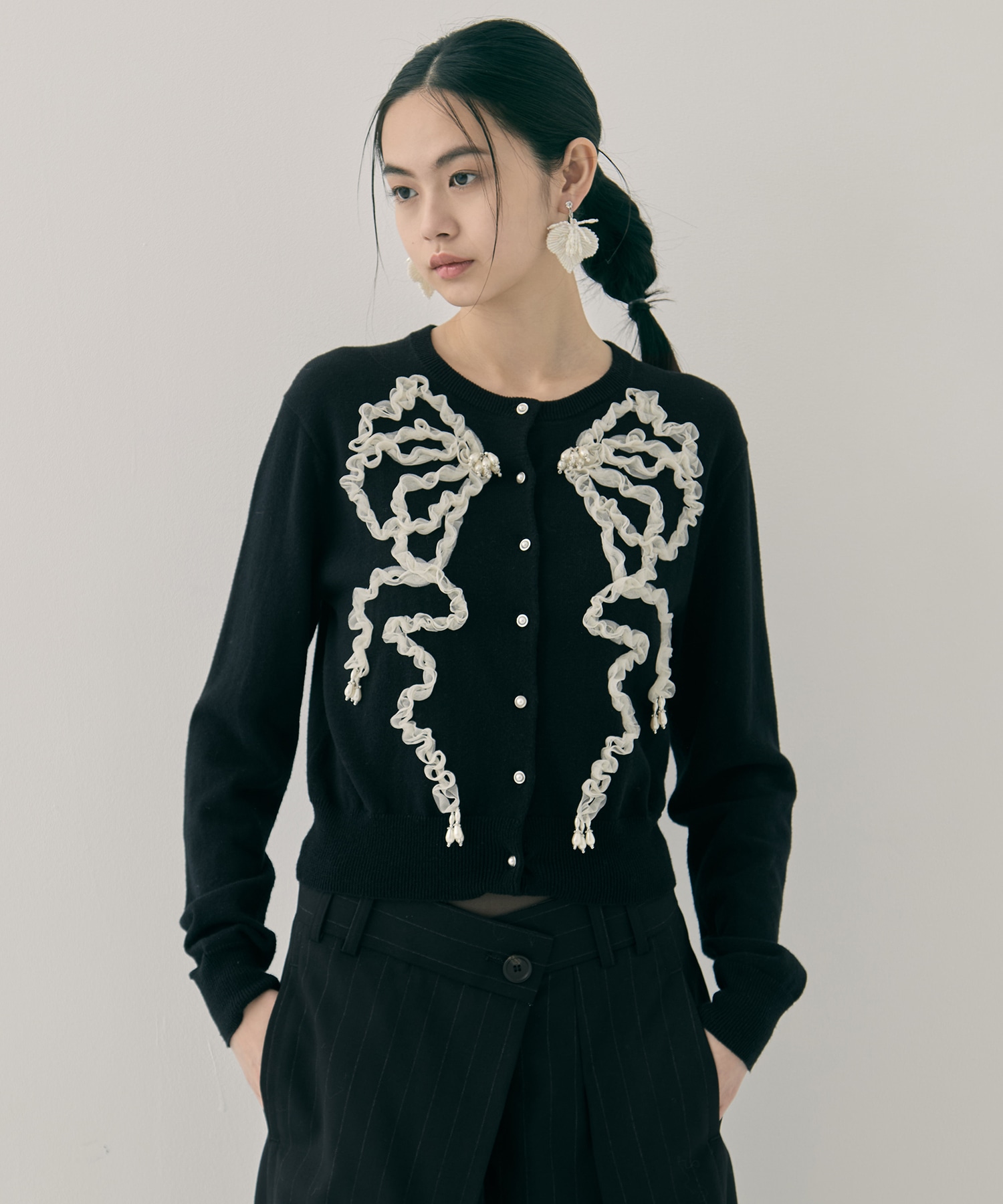Ribbon tulle pearl embroidery cardigan tanakadaisuke