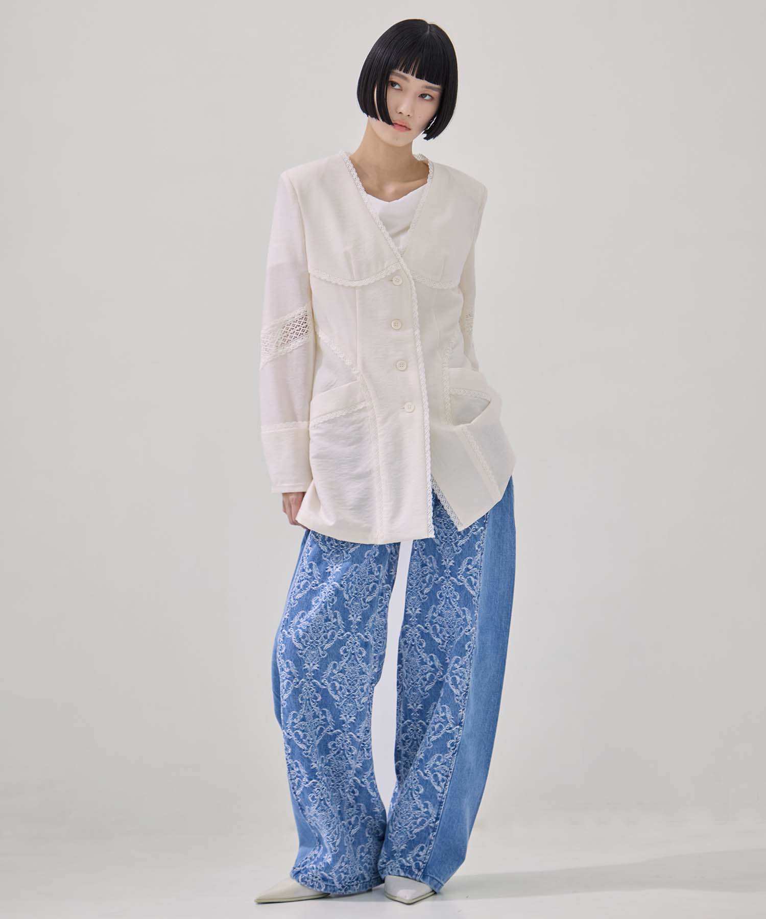別注 LACE-PANELED SHIRT JACKET(36 IVORY): FETICO: WOMENS