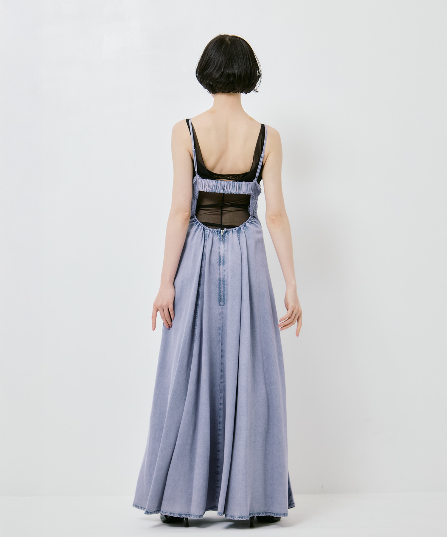 LACE DOCKING TENCEL DENIM FLARE DRESS AMERI