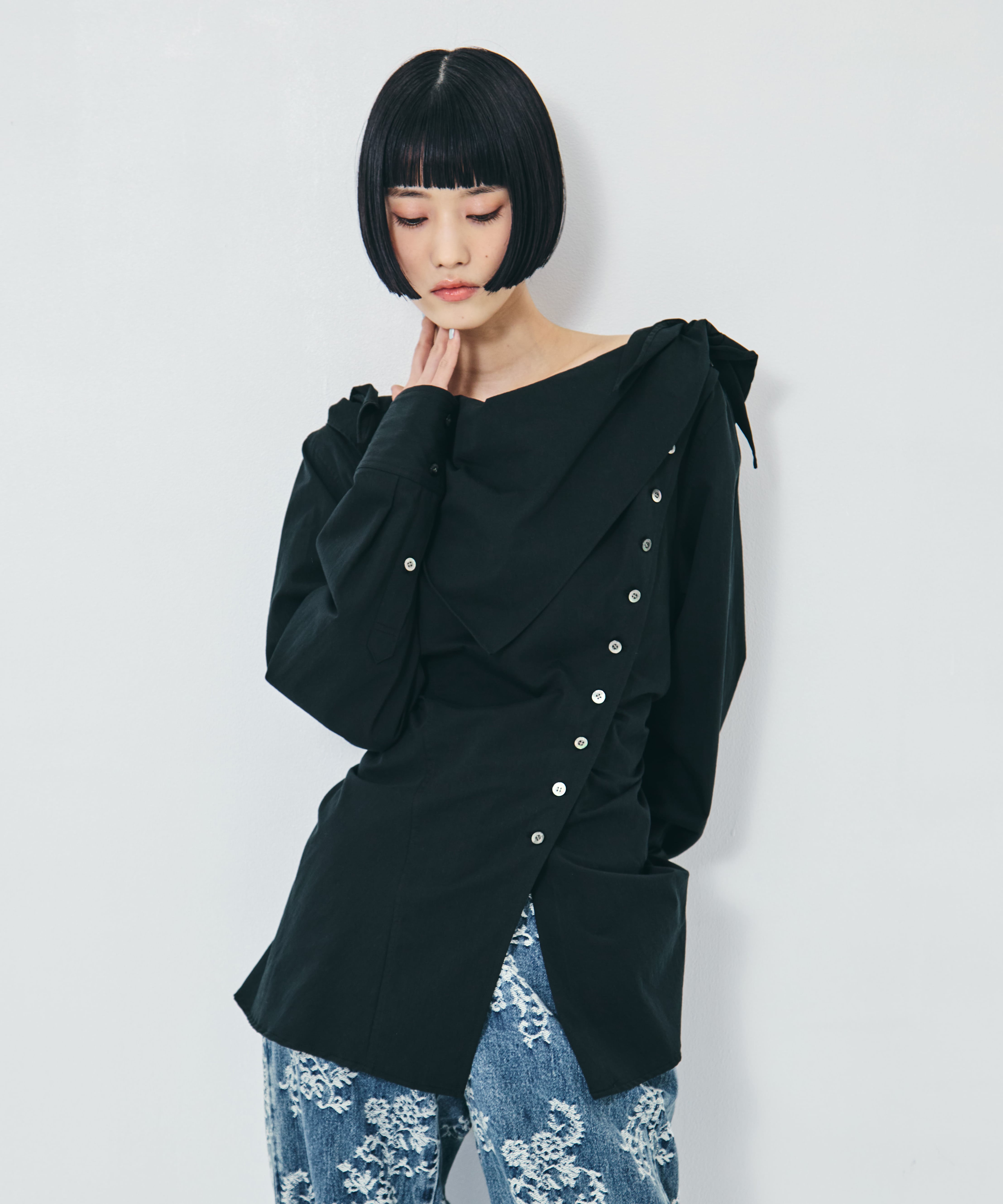 COTTON STRIPE SCARF COLLAR BLOUSE FETICO