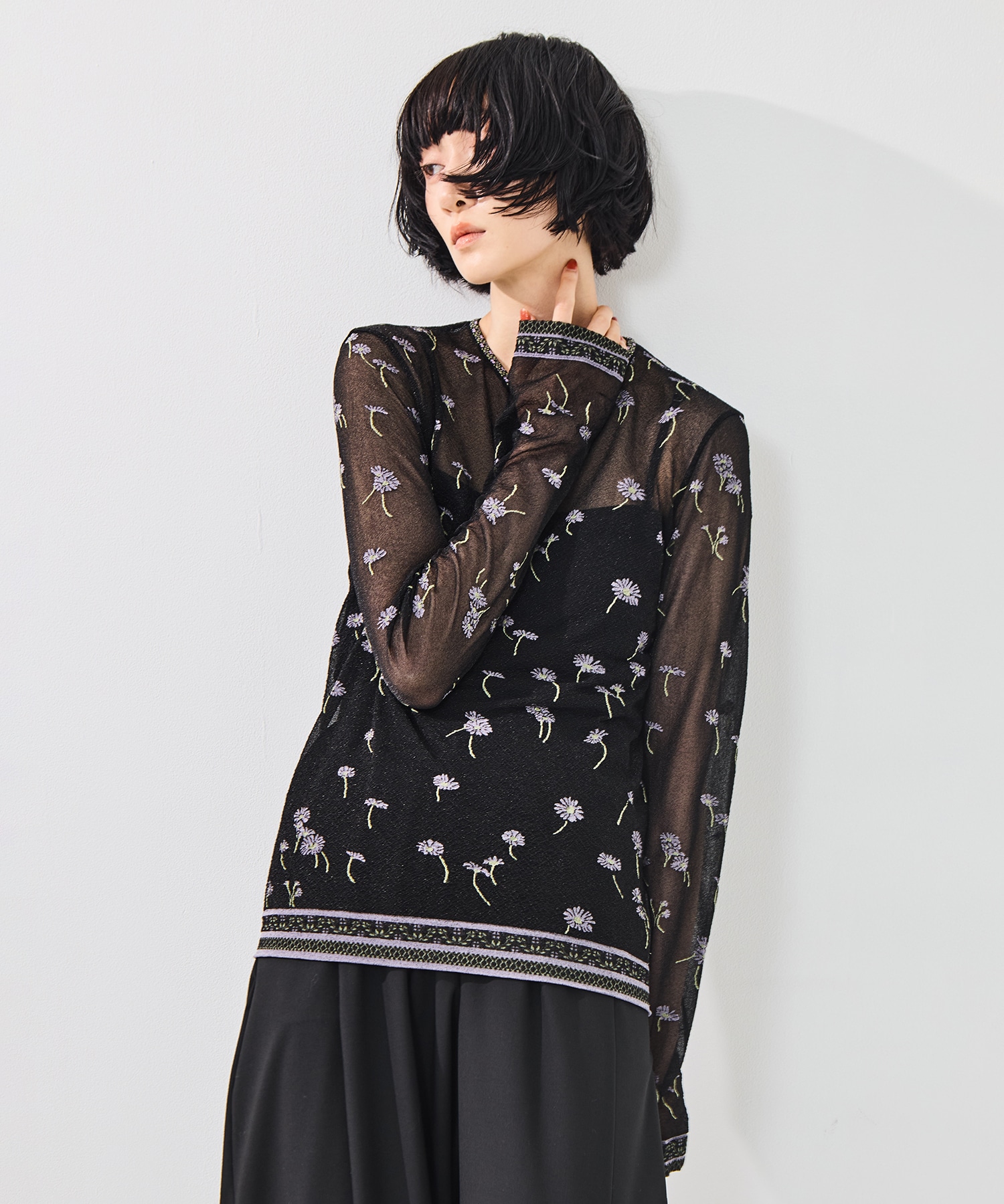 Floral Pattern Long Sleeve Sheer Knit Top Mame Kurogouchi