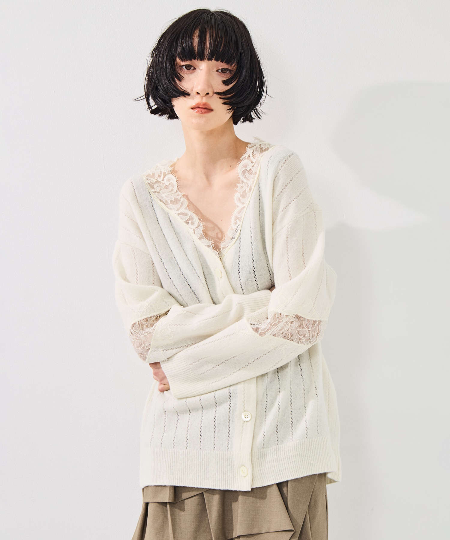 OVERSIZED HAIRY LACE PANELED KNIT CARDIGAN FETICO