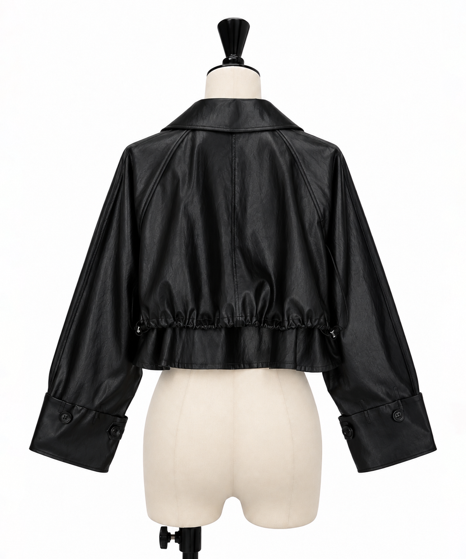 DRAWSTRING YOKE SYNTHETIC LEATHER SHORT COAT AMERI