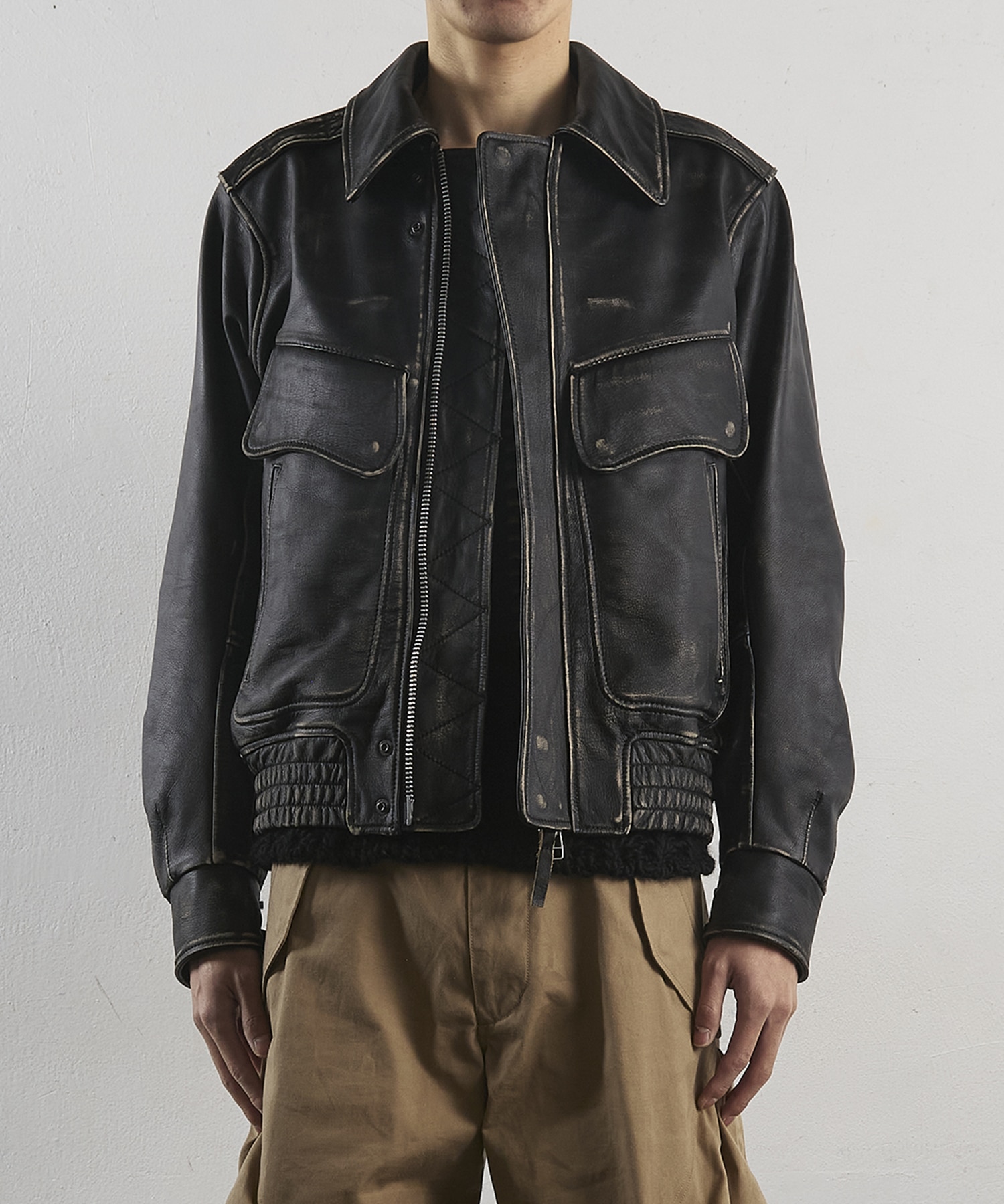 DISTRESSED LEATHER BOMBER JACKET NVRFRGT