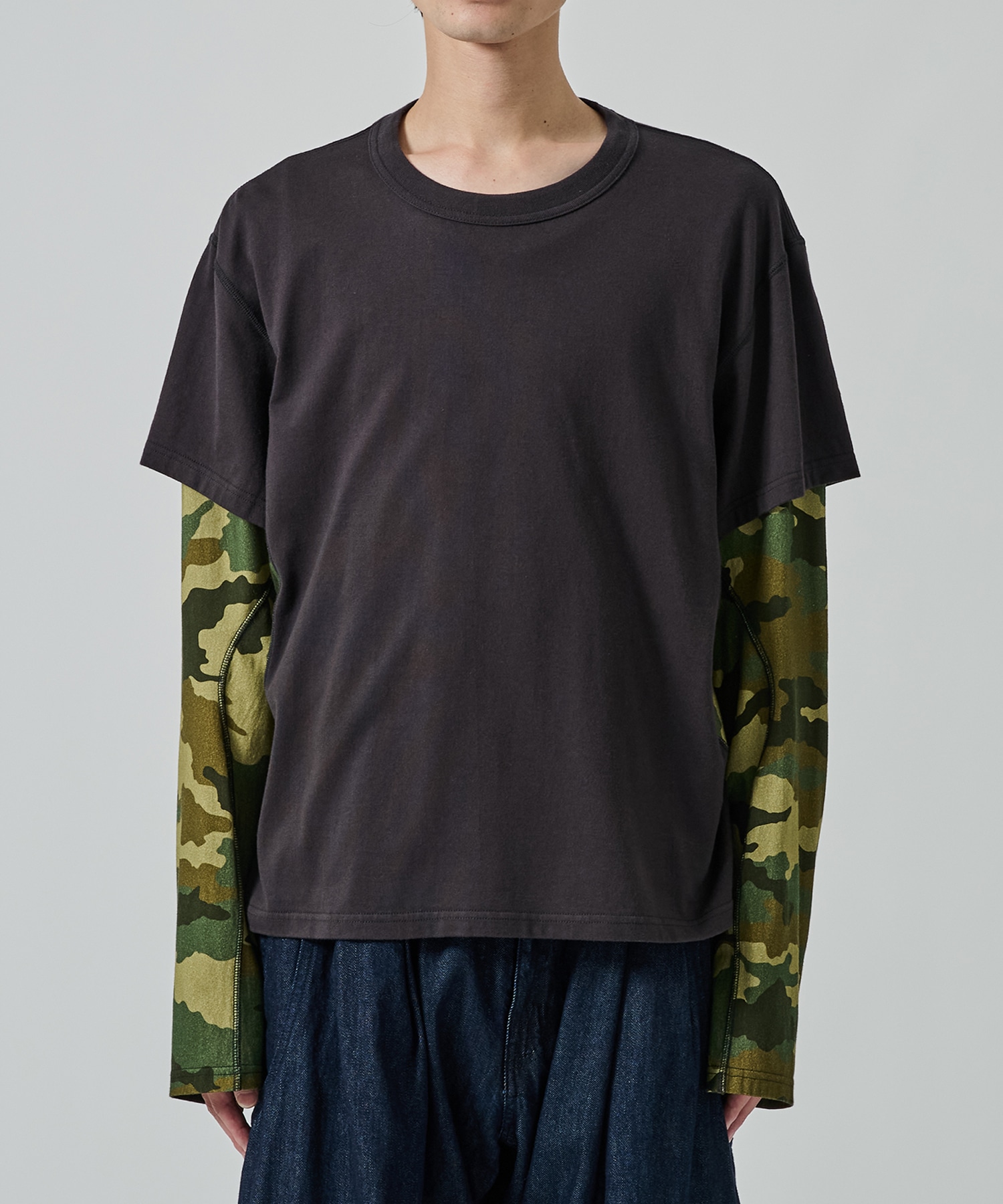 別注 PANELED LAYERD SLEEVE T-SHIRT NVRFRGT