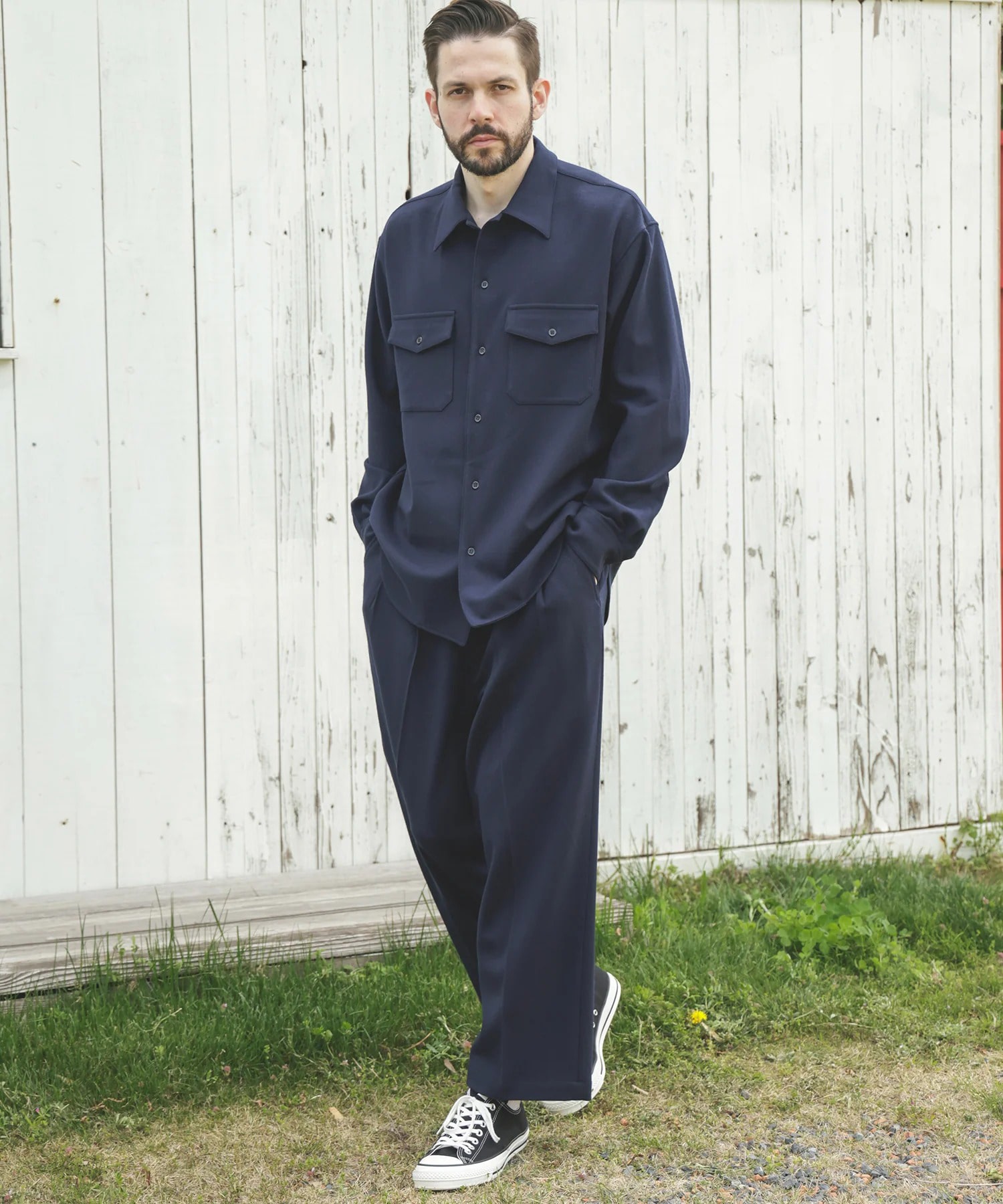 PEACHSKIN STRETCH GABARDINE /2TACK WIDE EASY PANTS MR.OLIVE
