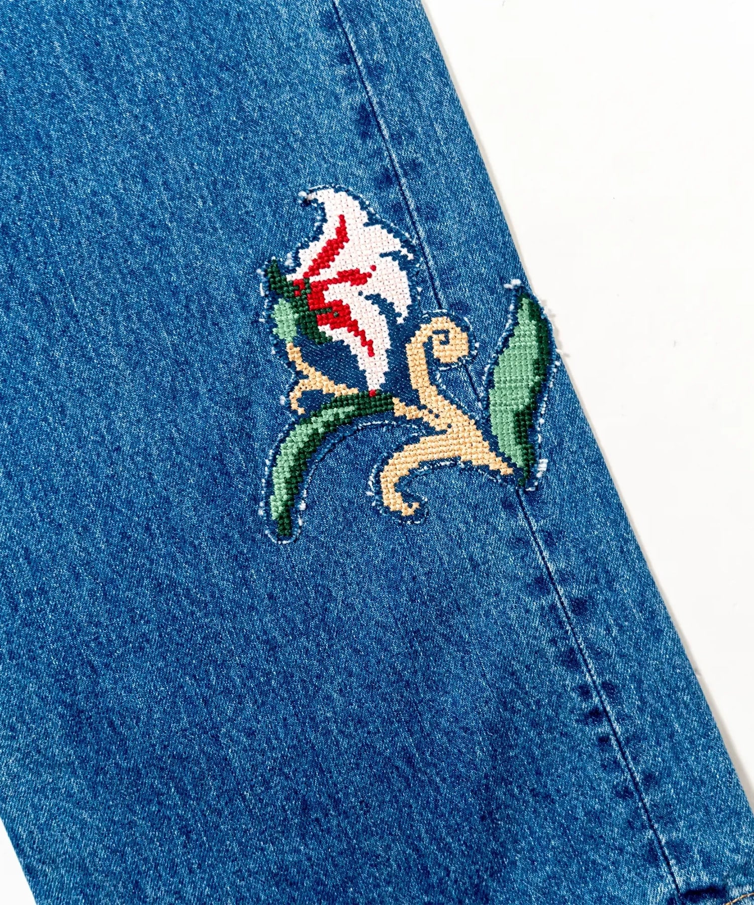 Hand-Embroidered Denim Pants KHOKI