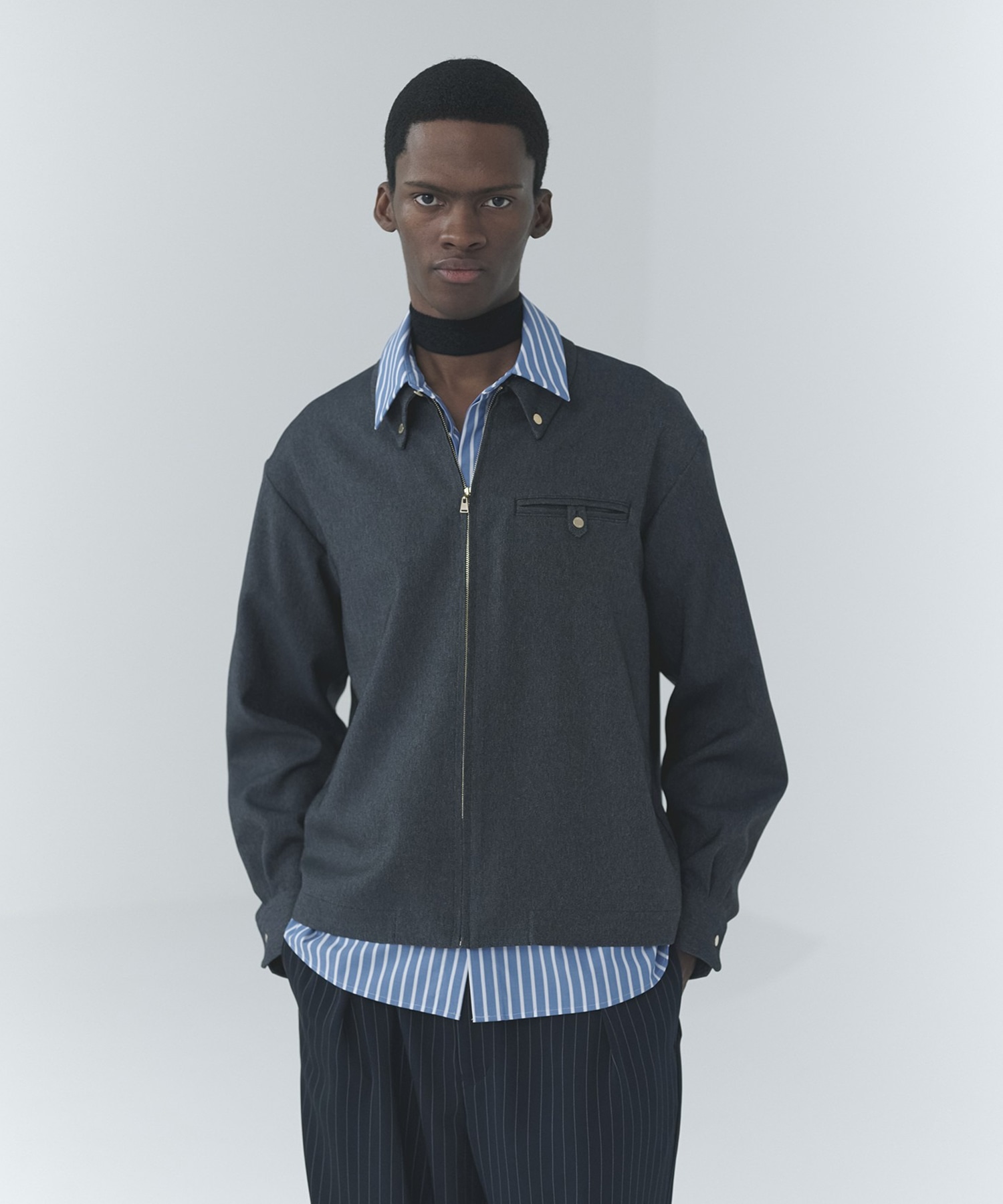 Faux Denim Button-Tab Pocket Zip Up Shirt CULLNI