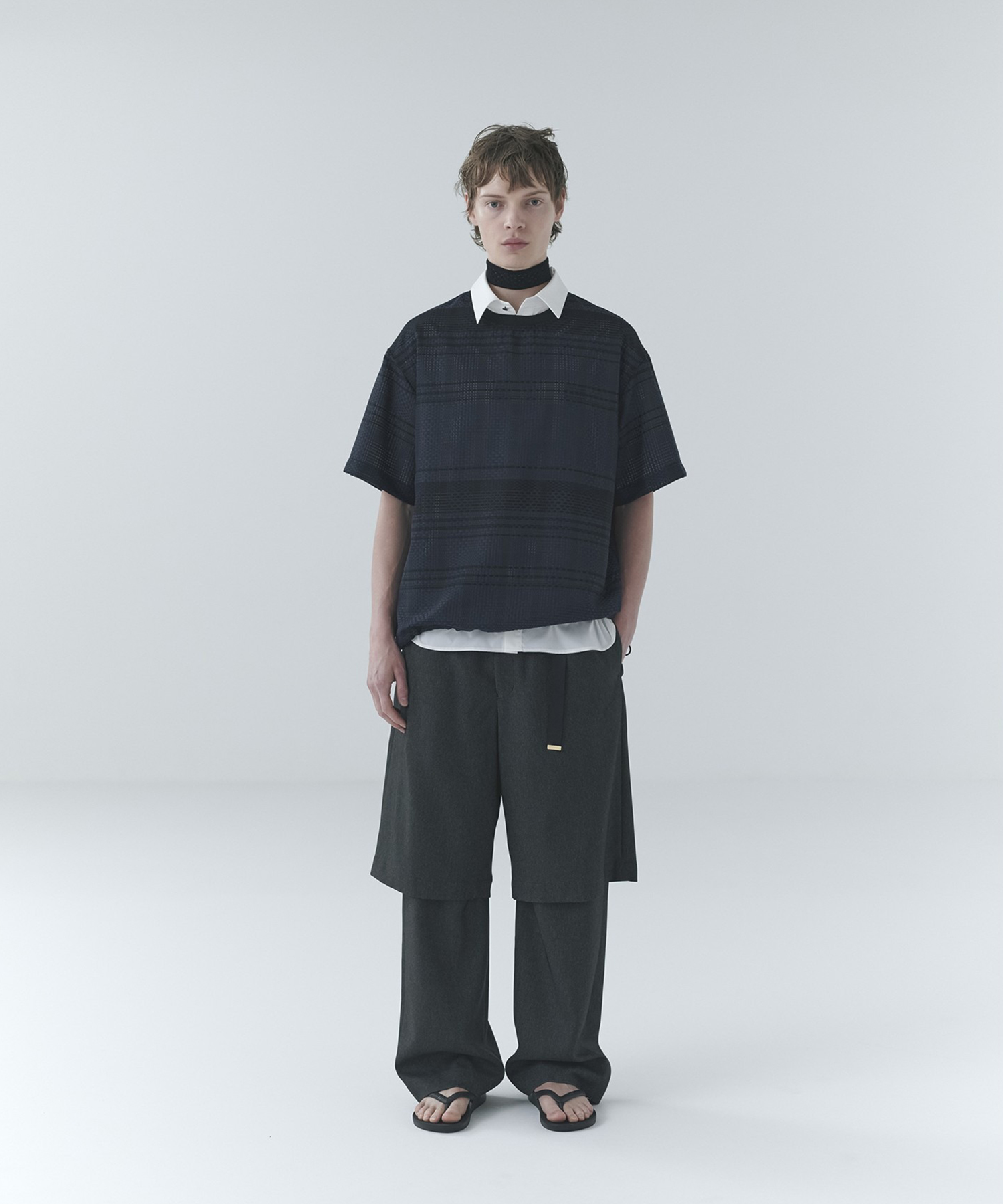 Sheer Tile Check Drawstring Short Sleeve Pullover CULLNI