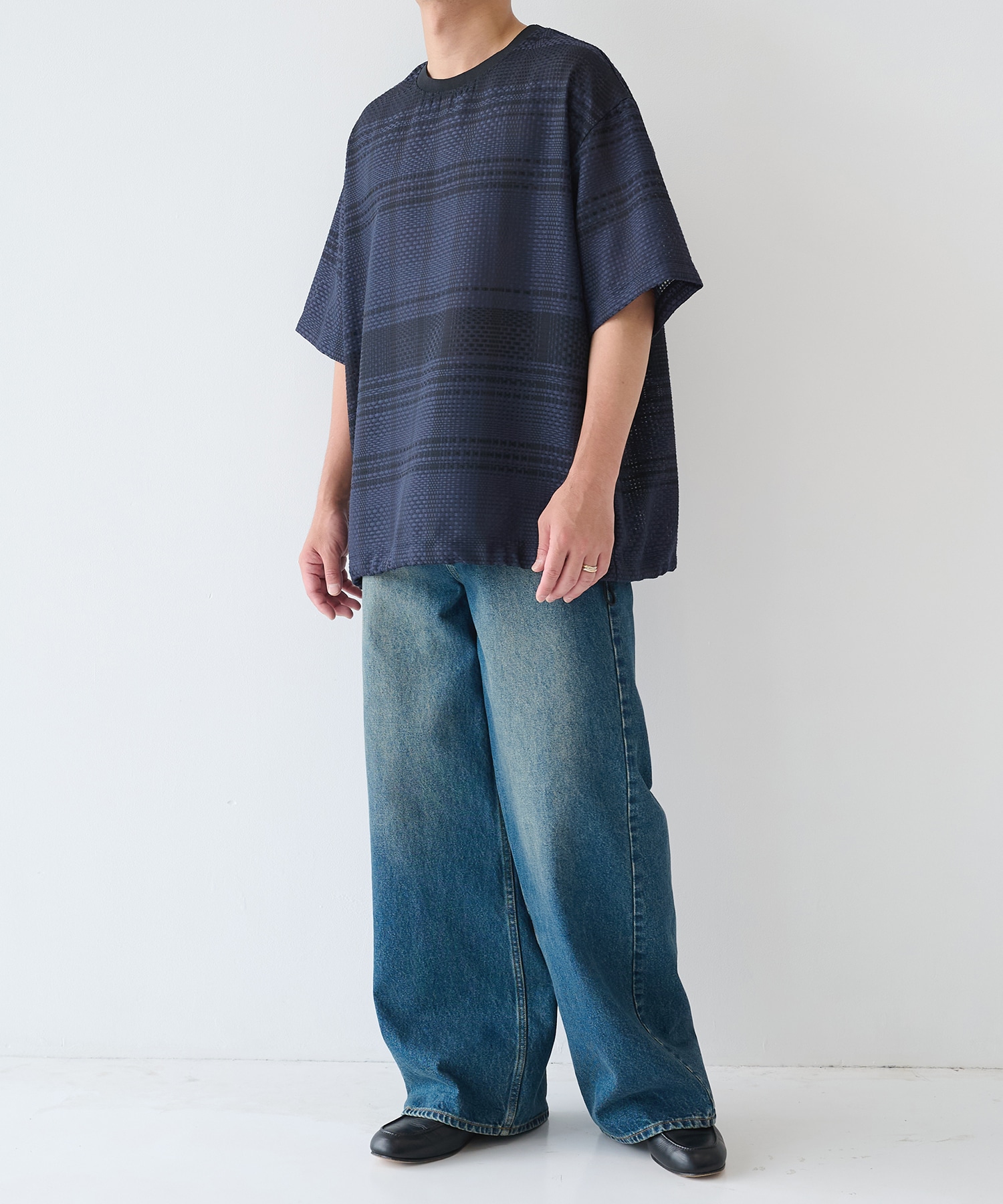 Sheer Tile Check Drawstring Short Sleeve Pullover CULLNI