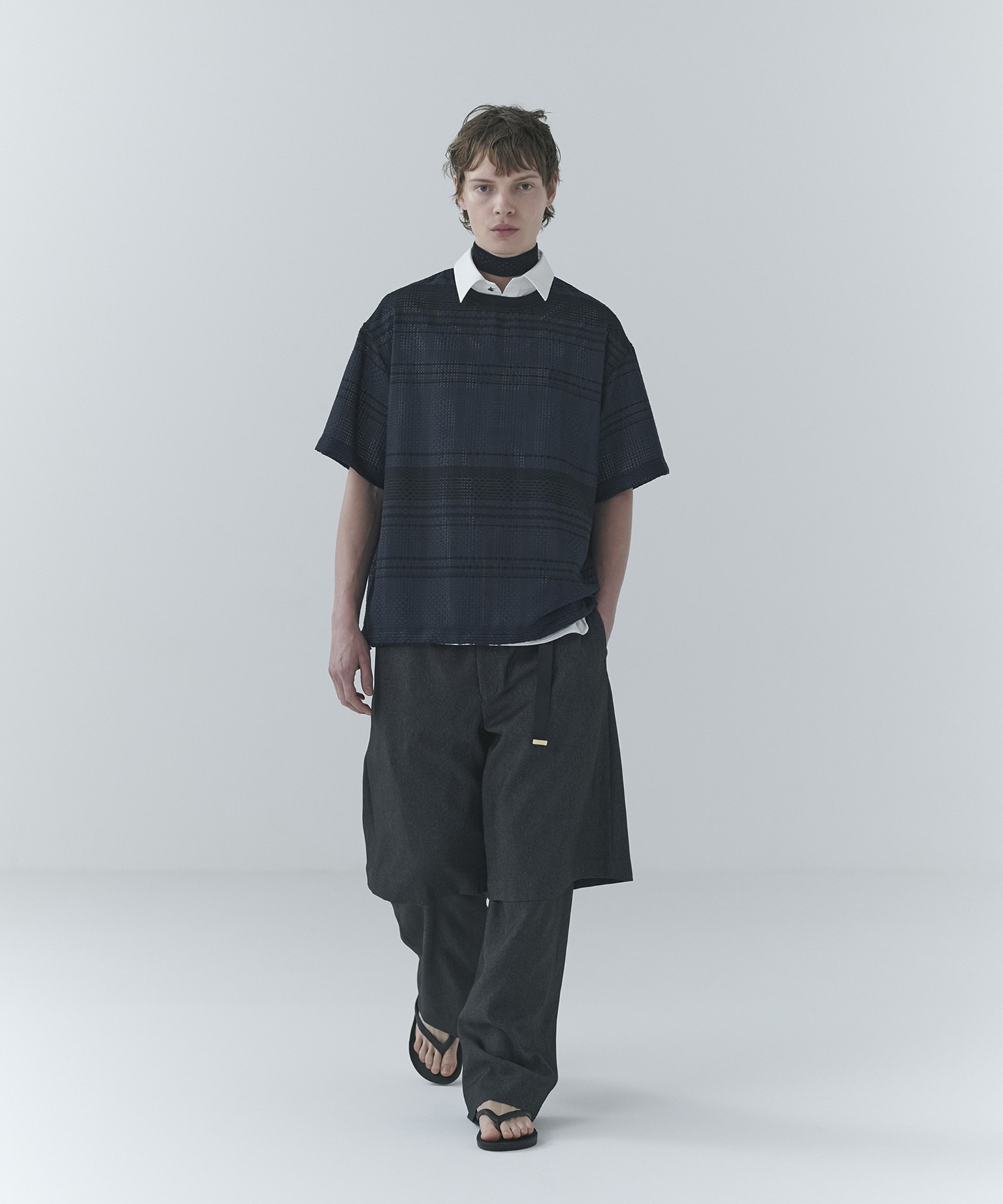 Sheer Tile Check Drawstring Short Sleeve Pullover CULLNI