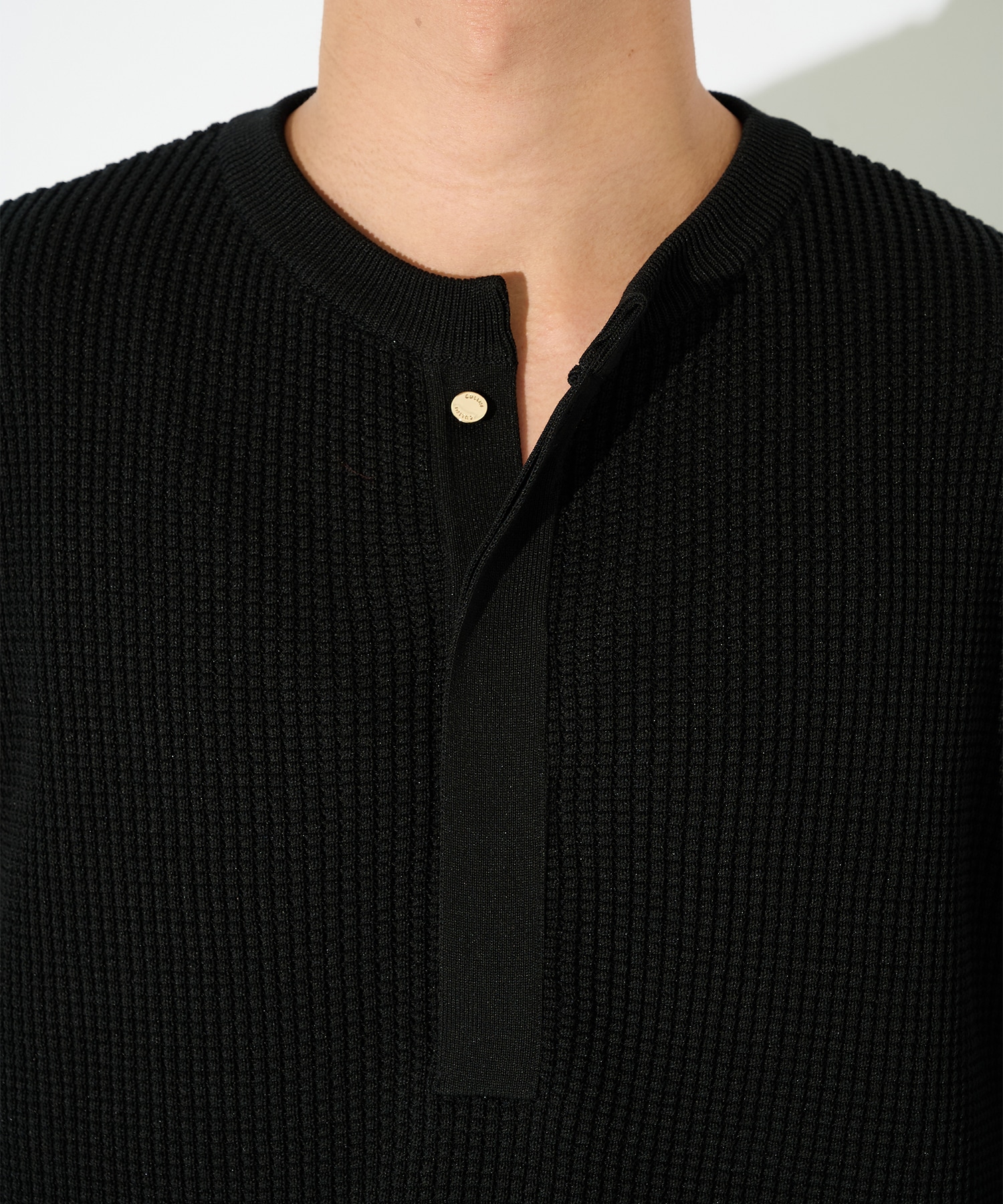 Organic Cotton Waffle Minimal Henley Neck Knit Pullover CULLNI