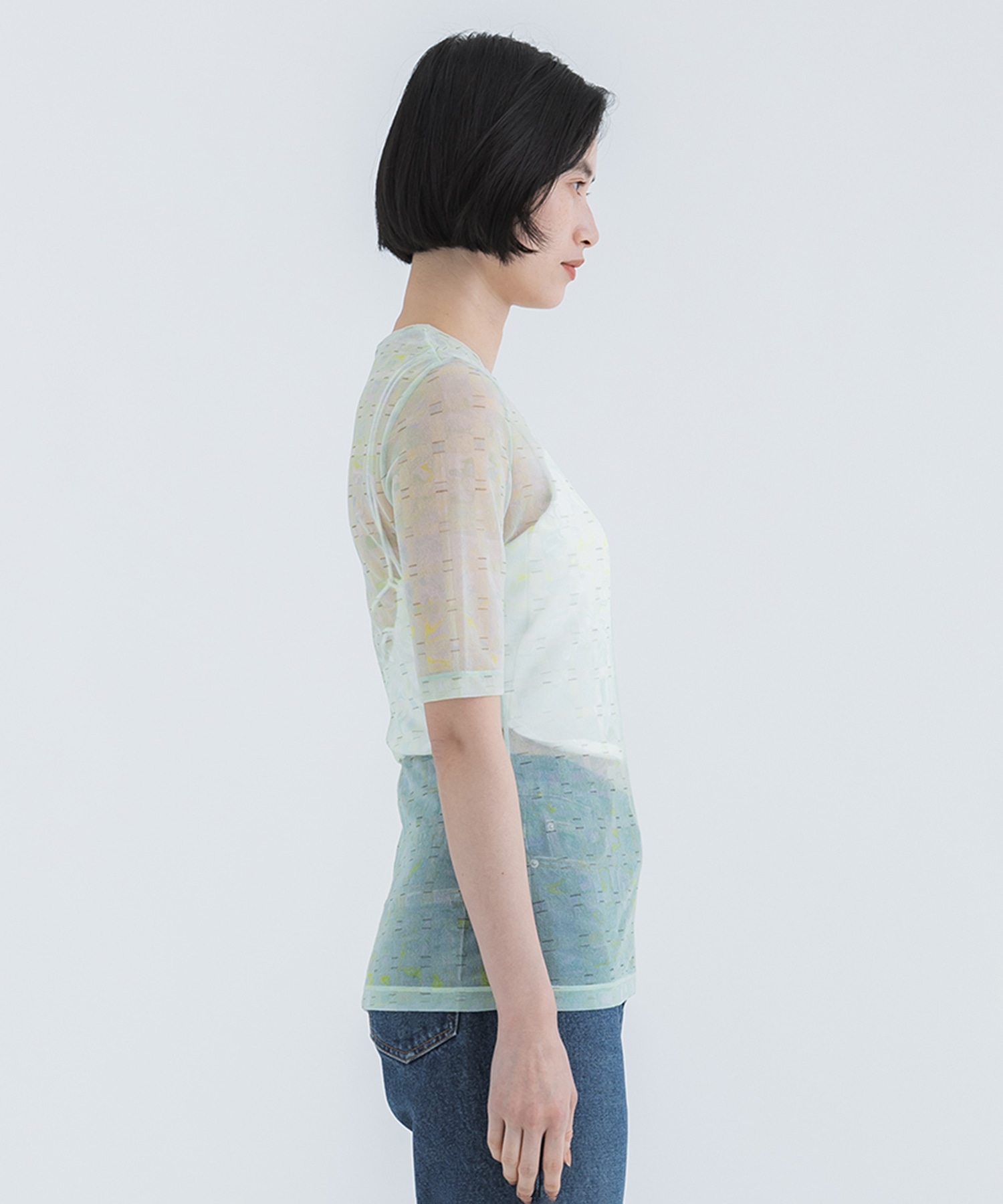 Marble Printed Plaid Sheer Crew Neck Top Mame Kurogouchi