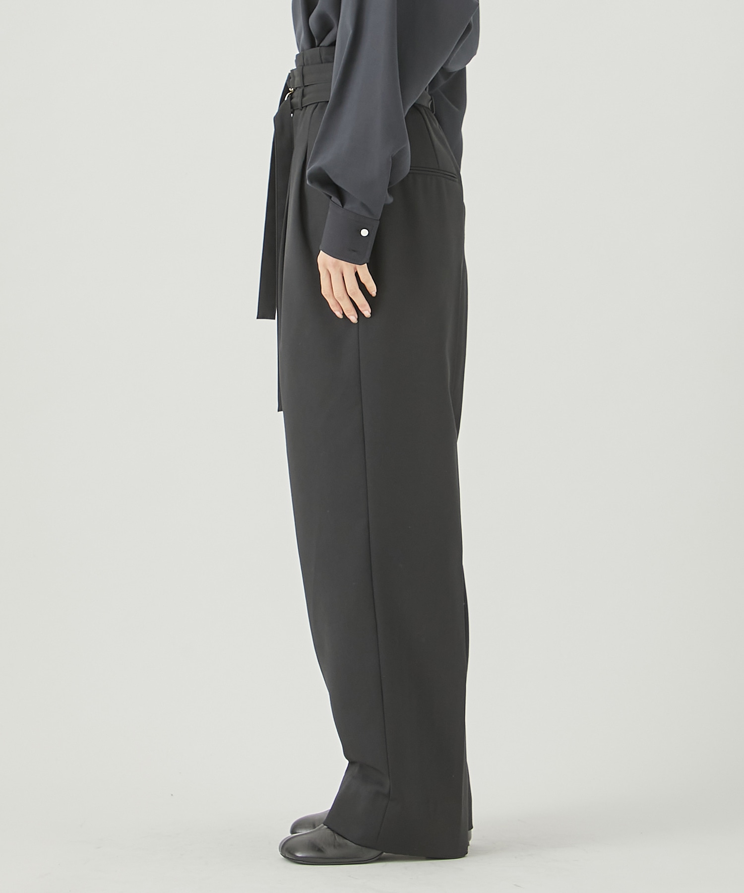 BLACK FORMAL DOUBLE BELT TWO TUCK PANTS CINOH