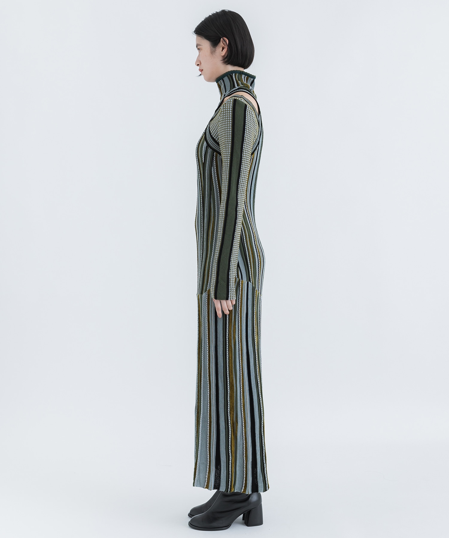 Stripe Jacquard High Neck Knitted Dress(1 KHAKI): Mame Kurogouchi