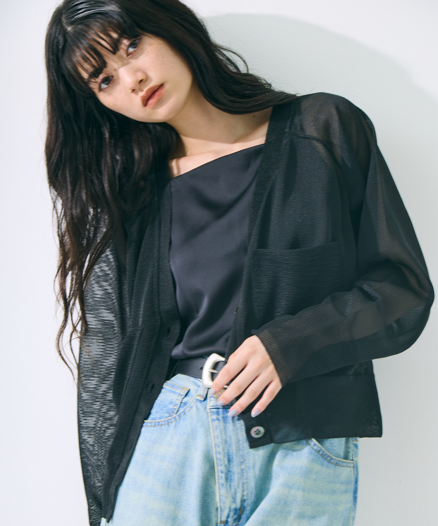 V-Neck Sheer Knit Cardigan STUDIOUS