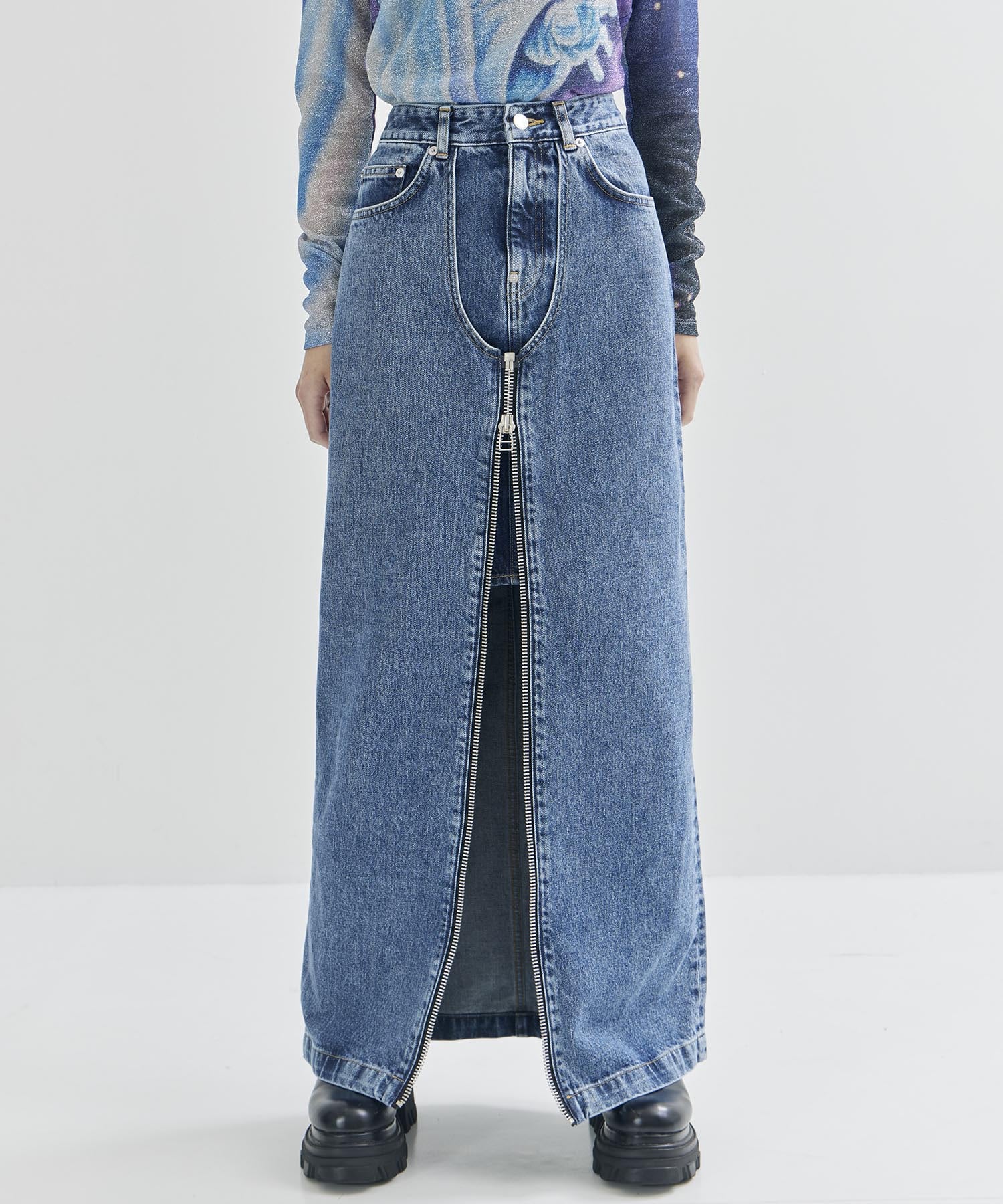 WASHED DENIM ZIPPED LONG SKIRT JOHN LAWRENCE SULLIVAN